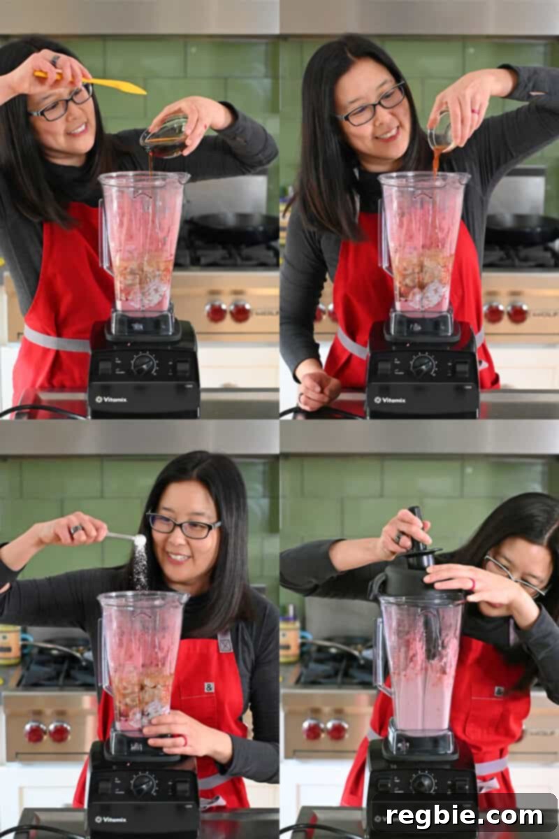 A series of four sequential shots showing an Asian woman adding the various vegan strawberry cheesecake filling ingredients—cashews, coconut milk, coconut oil, lemon juice, maple syrup, vanilla extract, and salt—into an open Vitamix blender.