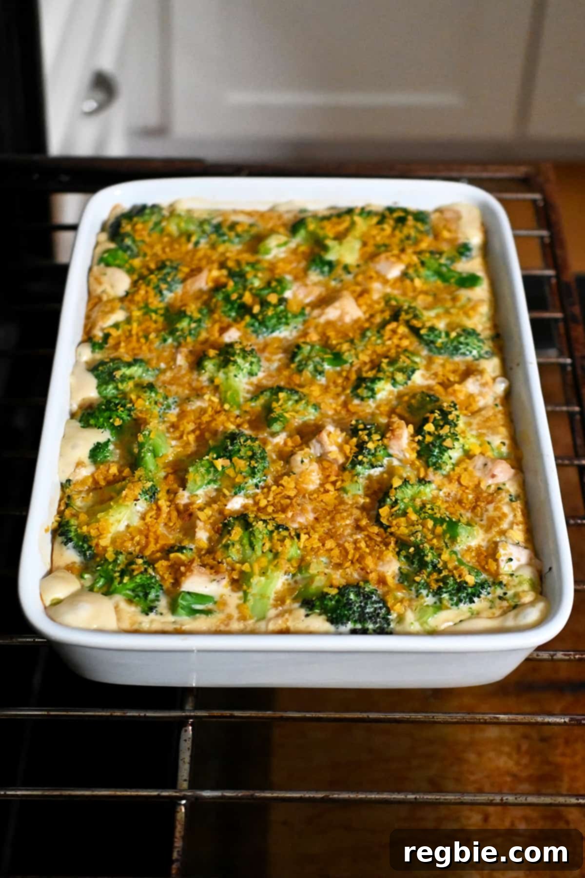 A freshly baked paleo chicken divan casserole cooling in an open oven, showcasing its golden-brown topping and creamy texture.