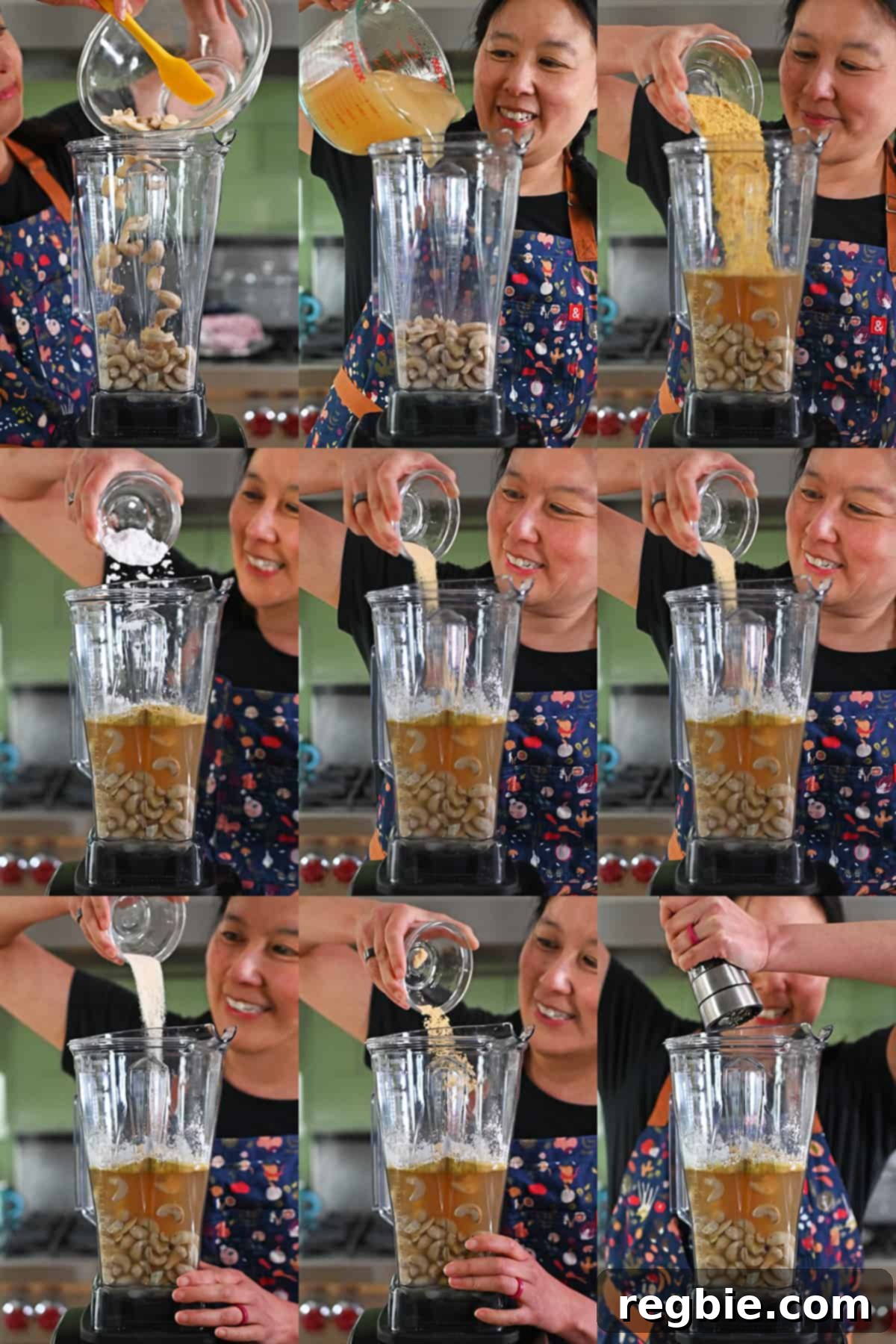 Nine sequential shots show an Asian woman meticulously adding the ingredients for a chicken divan sauce into a Vitamix blender, demonstrating each step.