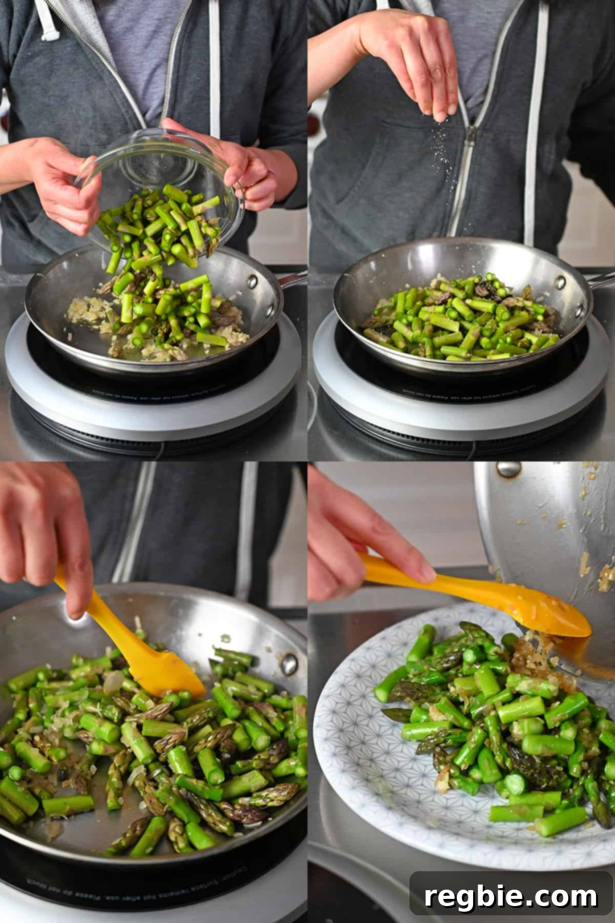 A four-panel sequence showing the process of sautéing fresh asparagus in a pan until it turns bright green and is crisp-tender, then adding minced garlic.
