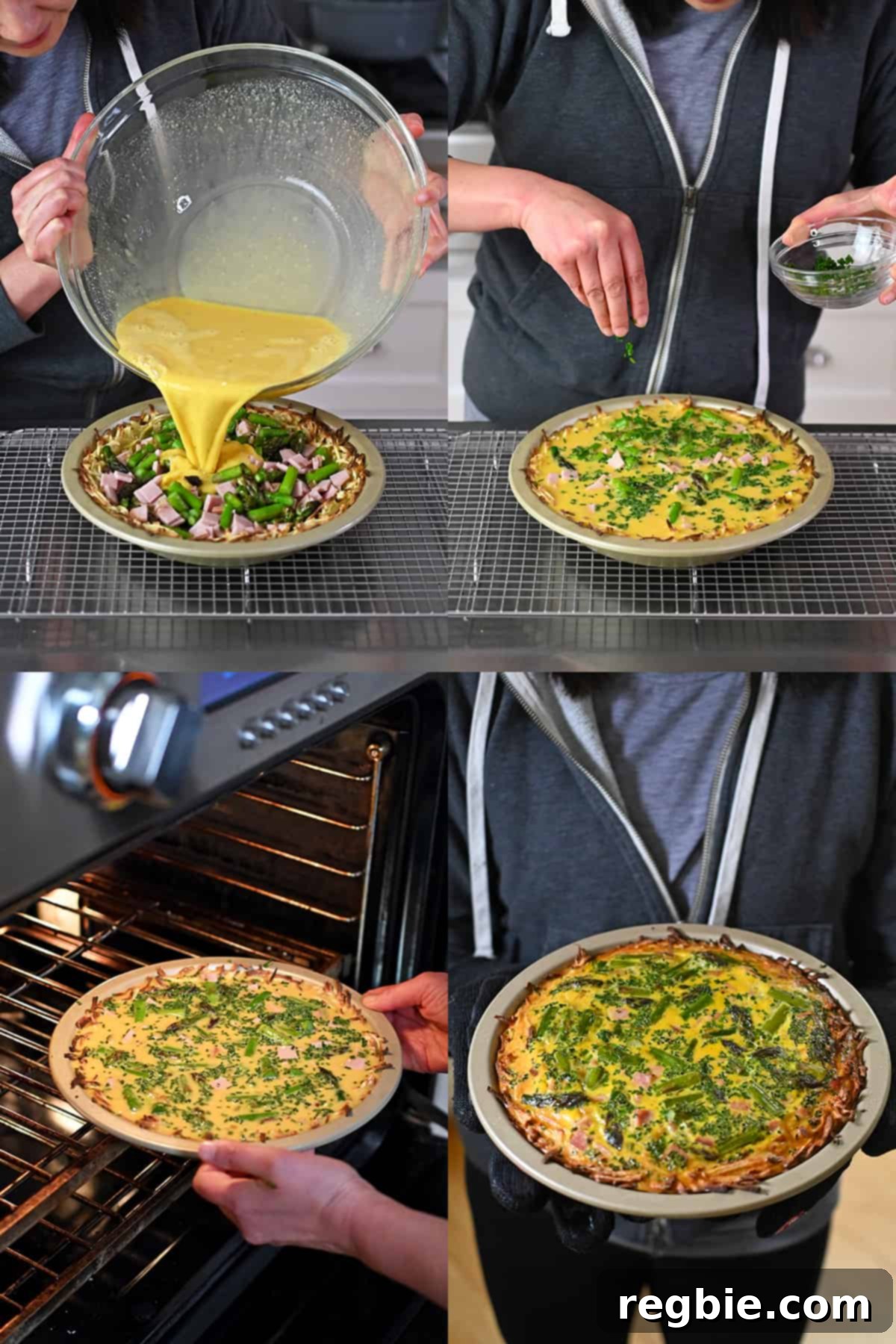 The final step of assembling the paleo asparagus quiche, with the egg mixture poured over the ingredients in the potato crust, ready for baking.