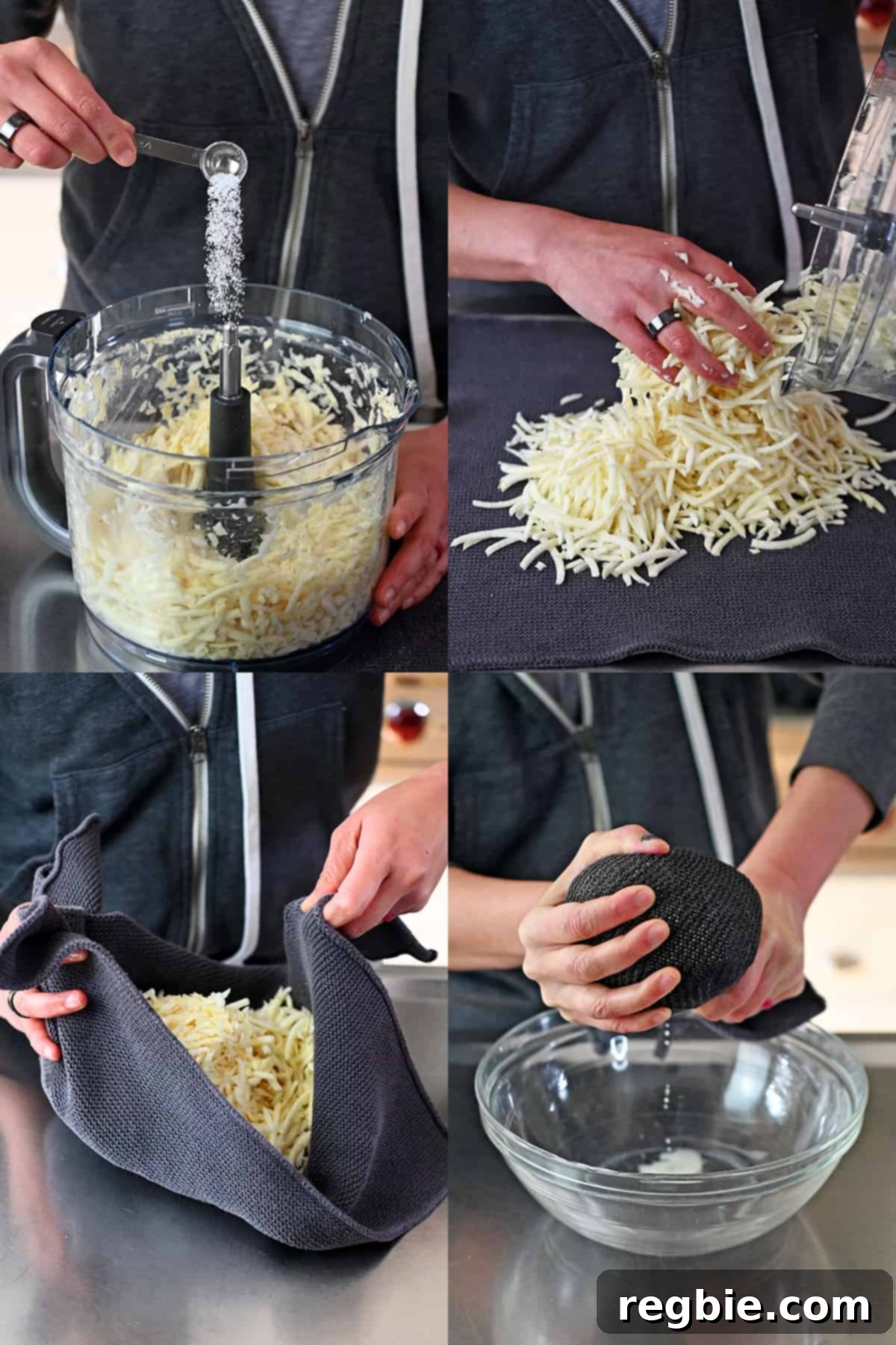 A four-panel image sequence showing the process of shredding potatoes, salting them, transferring them to a towel, and wringing out the excess liquid.