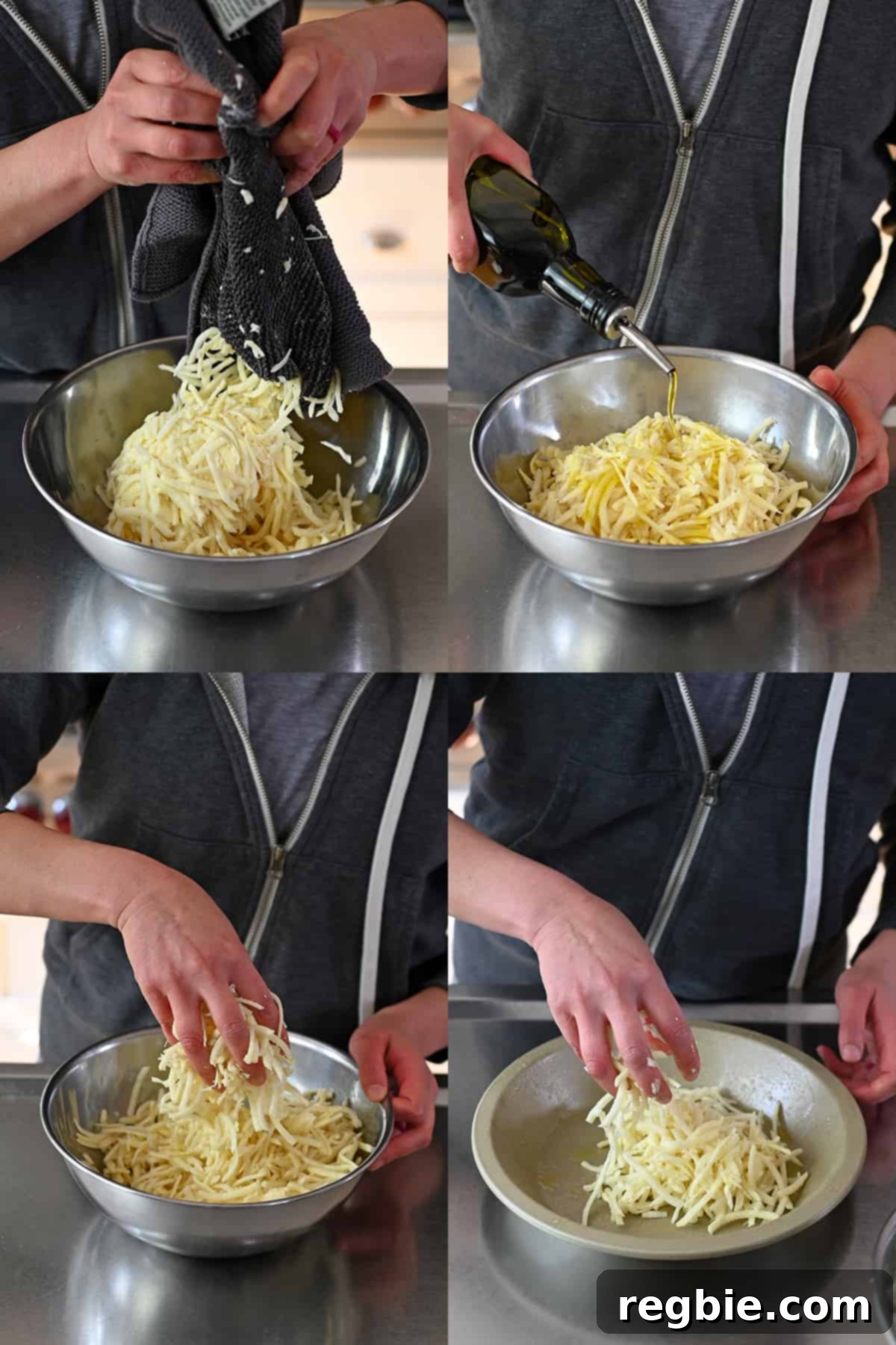 Two images: one showing extra virgin olive oil being added to shredded potatoes, and the other depicting the seasoned potatoes being pressed into a pie pan.