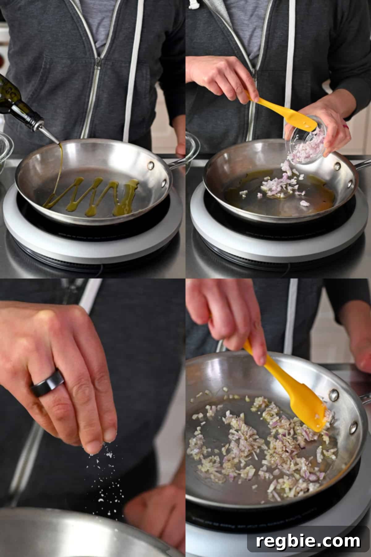 A four-panel sequence illustrating the sautéing of minced shallots in a frying pan until they are tender and translucent.