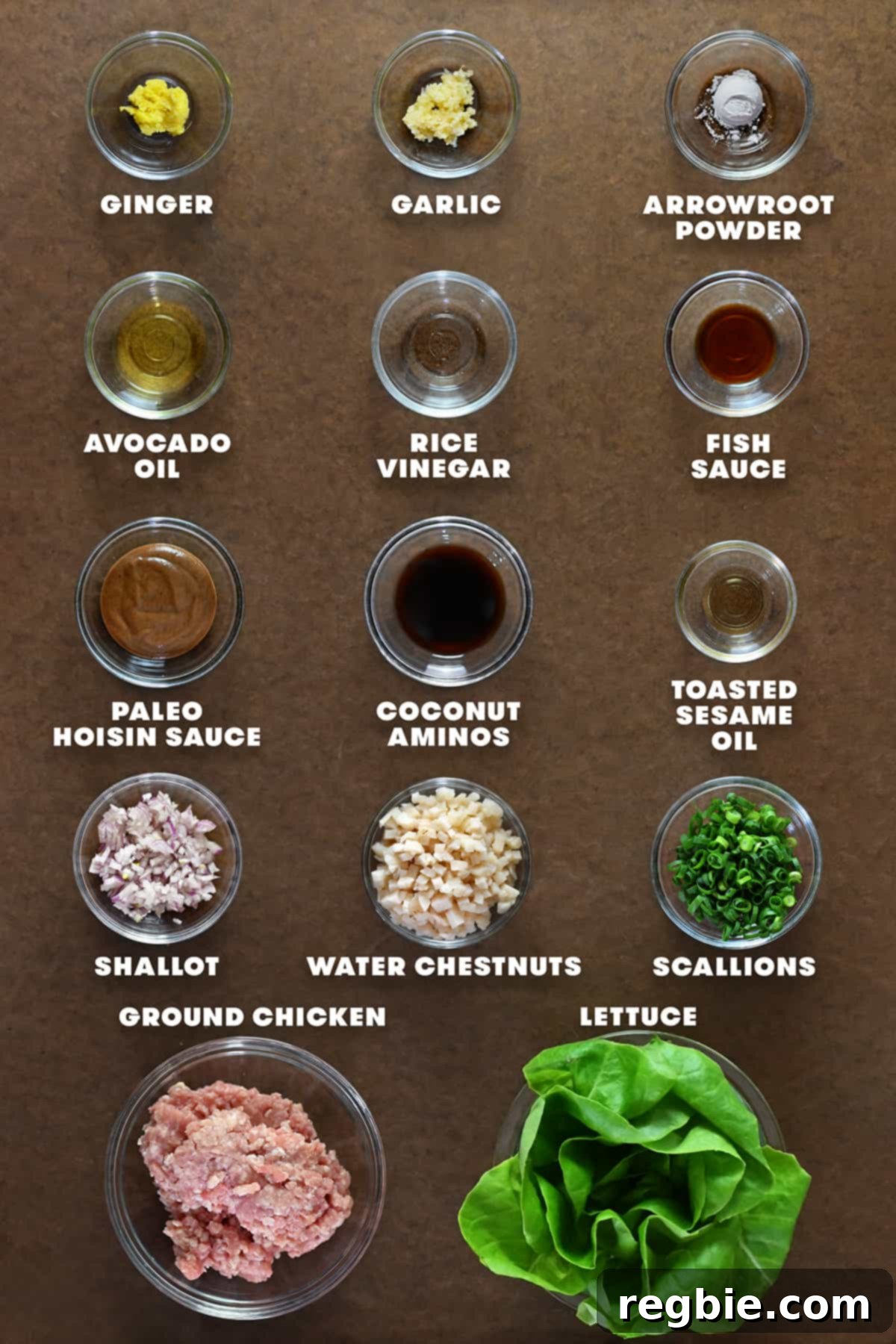 An overhead shot of the raw ingredients laid out to make paleo chicken lettuce wraps.