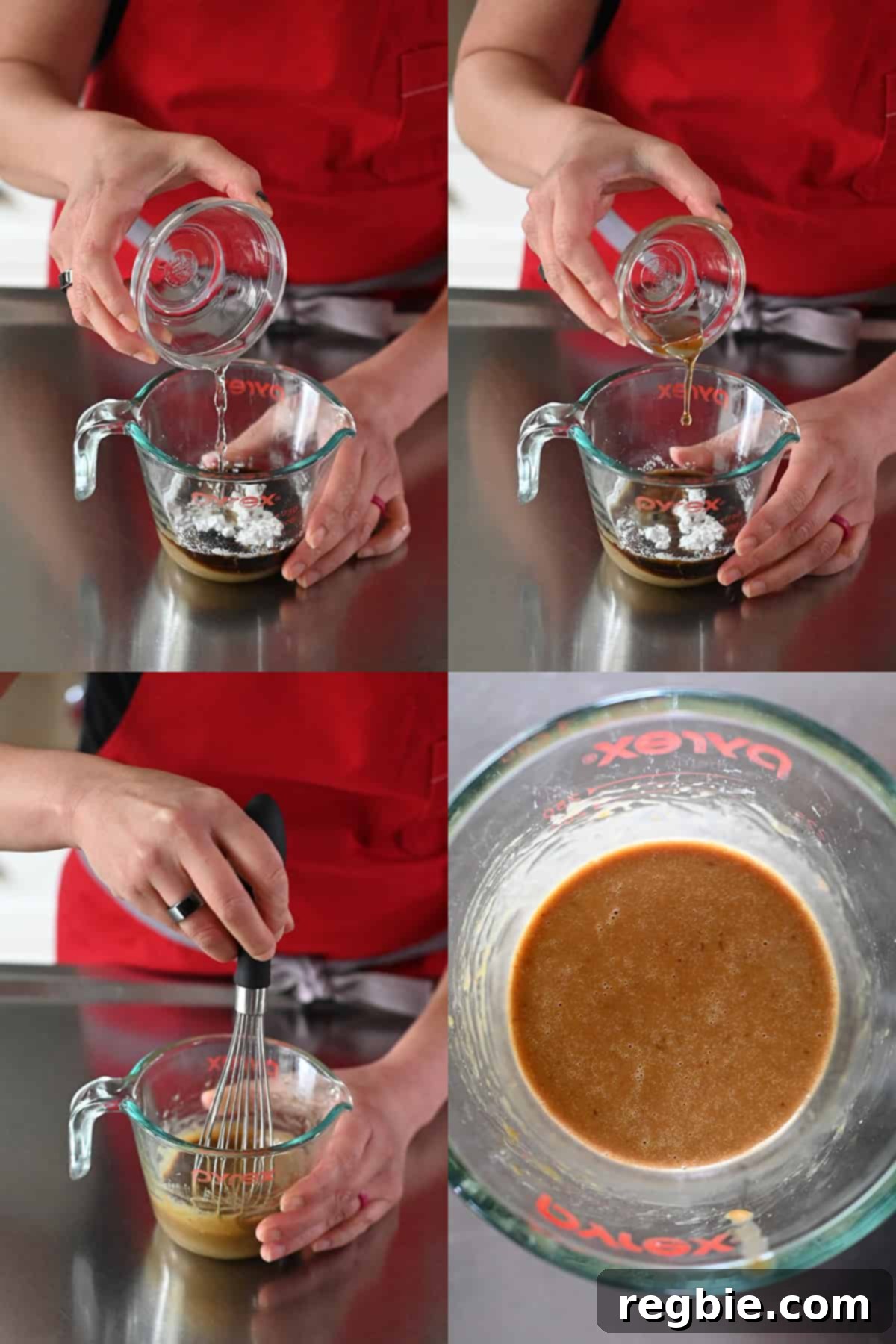Combining the lettuce wrap sauce ingredients into a measuring cup and whisking until combined.