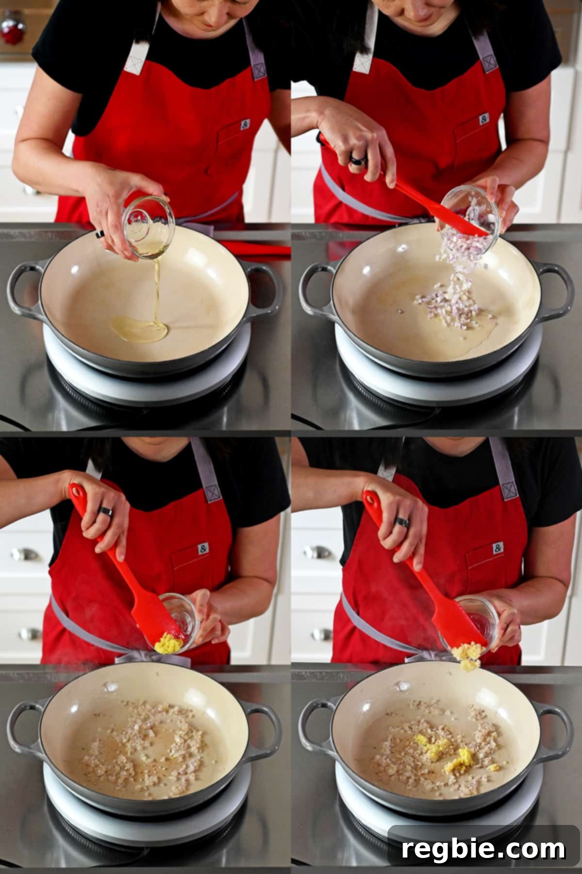 Four process shots that show someone adding avocado oil to a skillet, along with minced shallots.