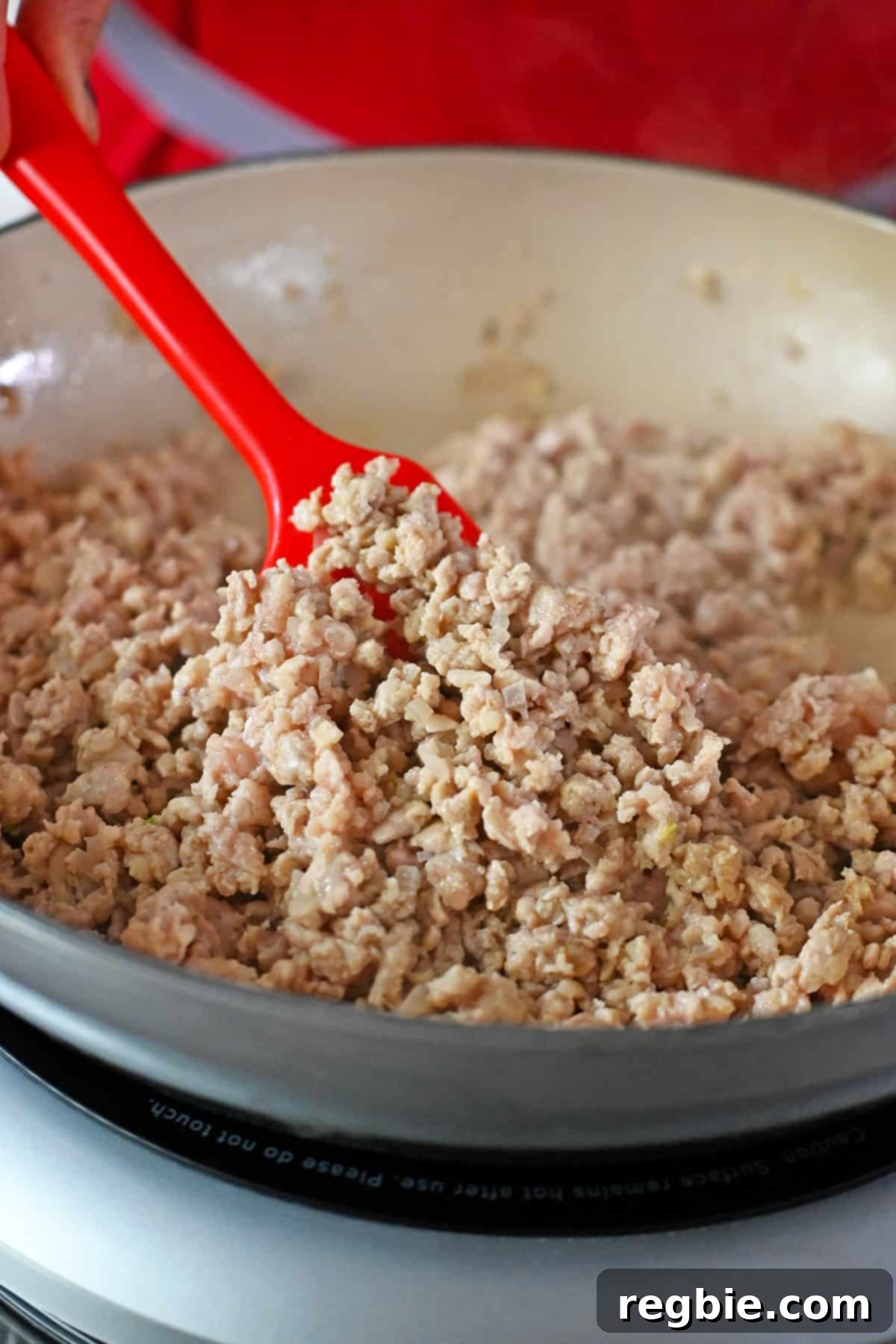 Cooked ground chicken in an enamel cast iron skillet. 