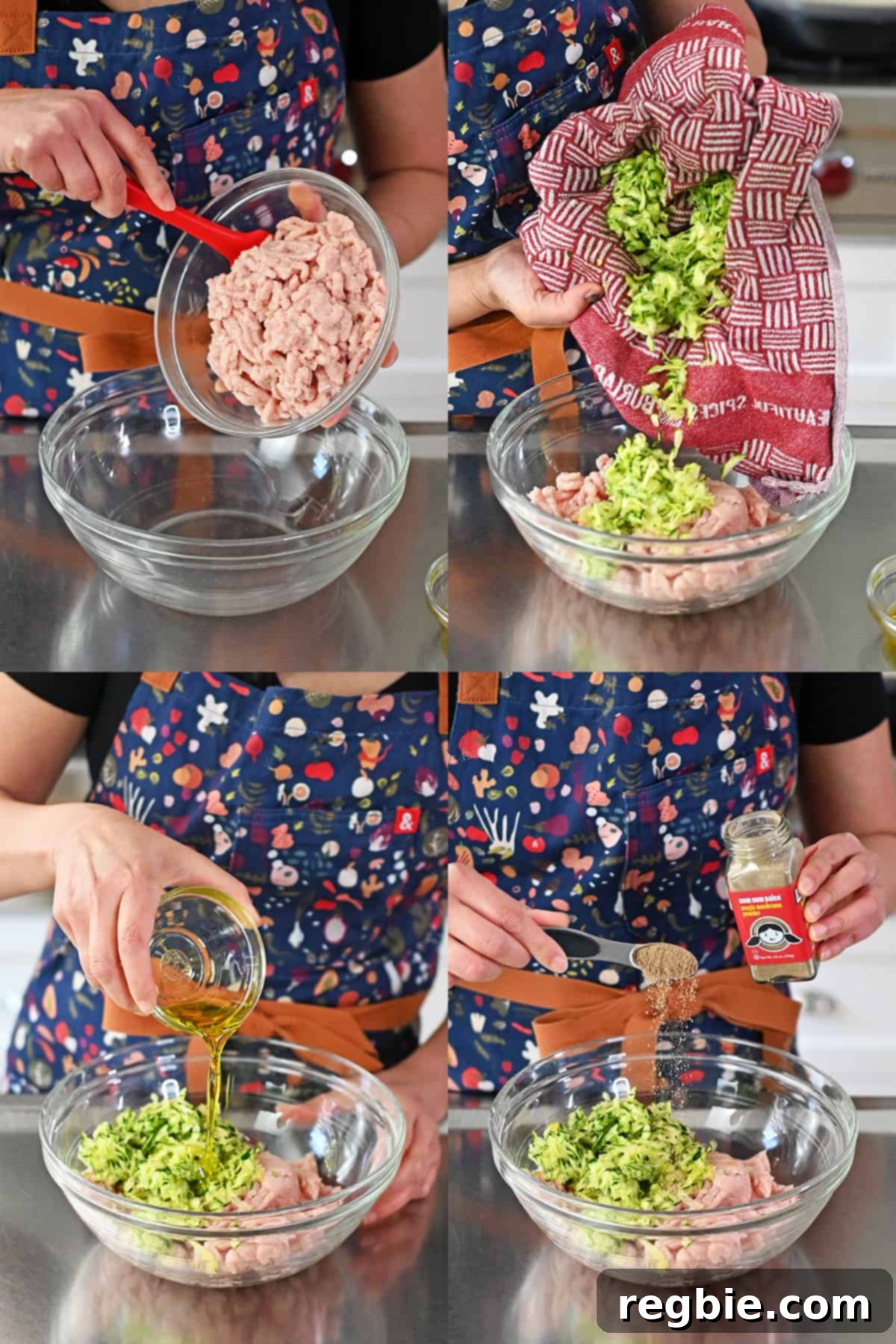 Adding ground chicken, finely shredded zucchini, a generous drizzle of olive oil, and a blend of aromatic spices, including Magic Mushroom Powder, to a large glass bowl, preparing to mix the ingredients for flavorful chicken meatballs.