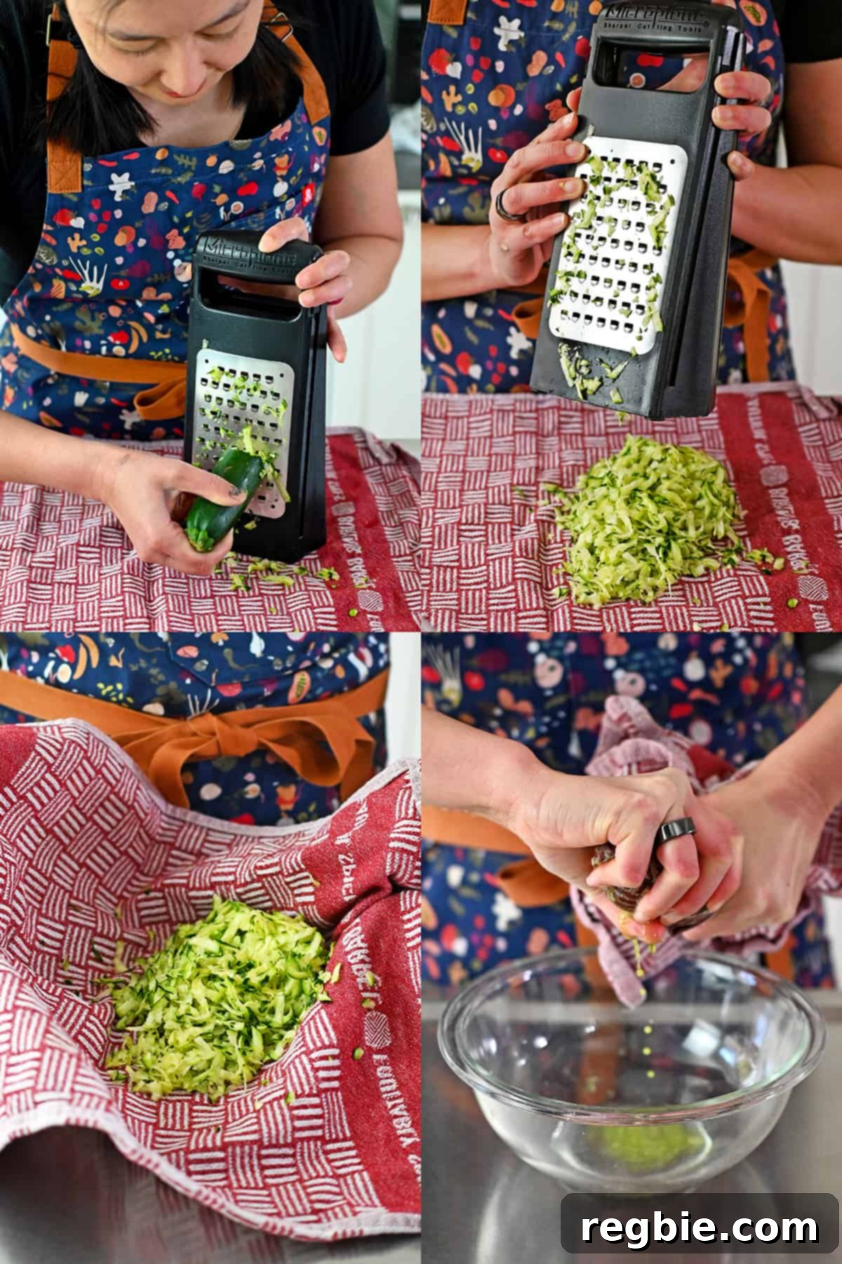 A sequence of four photos illustrating the process of preparing zucchini for chicken meatballs, including grating with a box grater and firmly squeezing out excess liquid using a red and white kitchen towel.