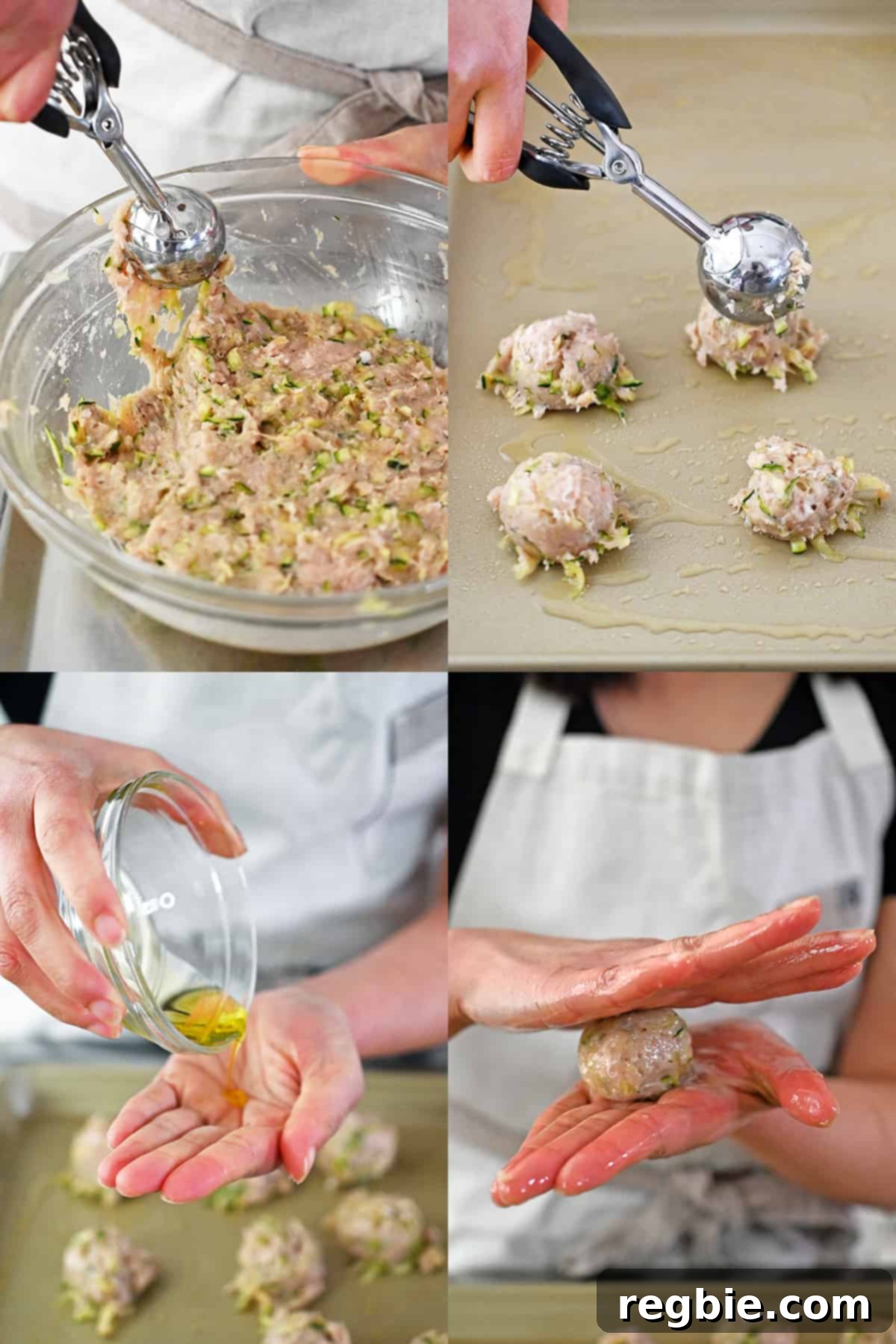 Four sequential images demonstrating the process of forming chicken meatballs: scooping the mixture, coating hands with olive oil, and rolling into uniform spheres.