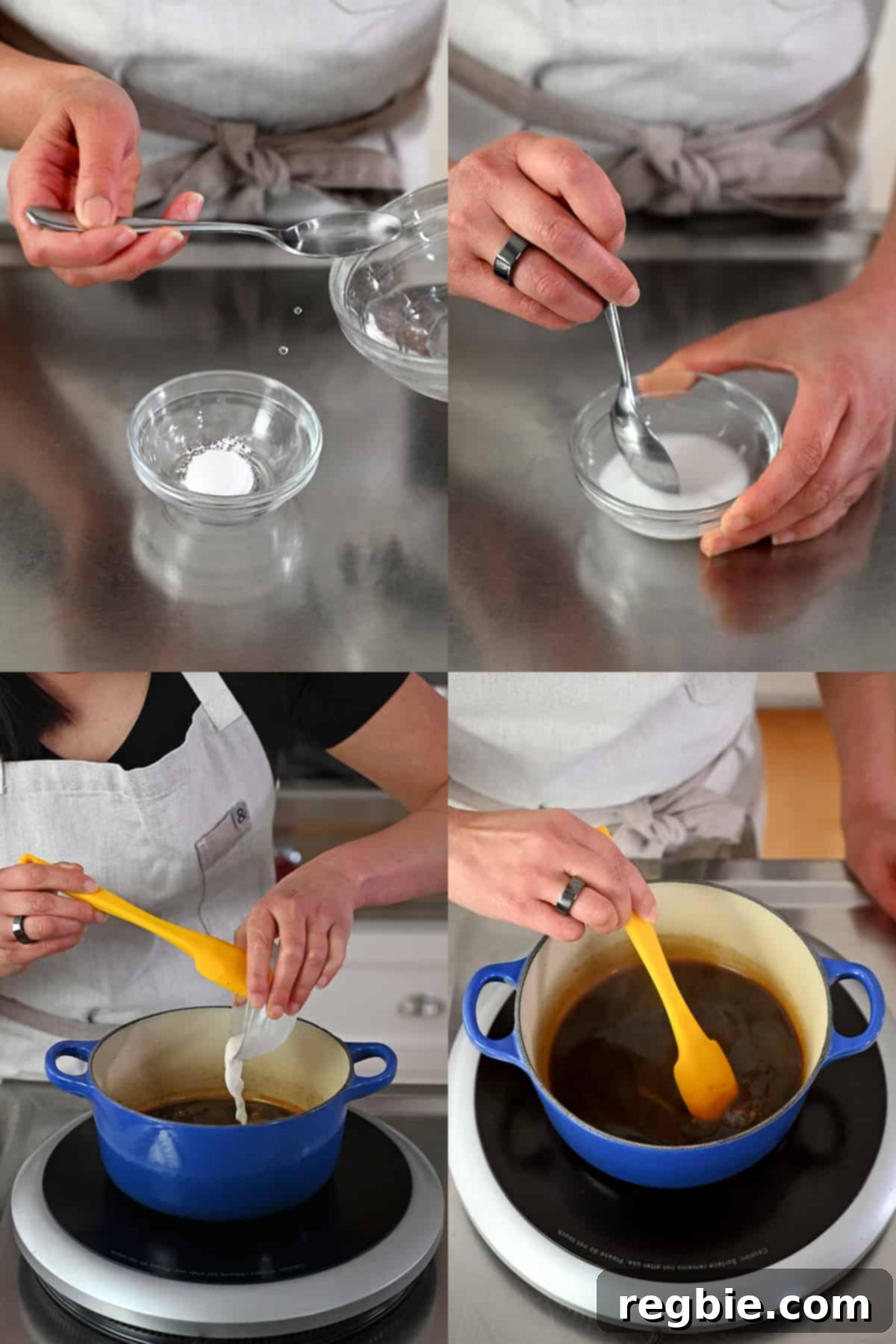 Four sequential shots that show someone making an arrowroot slurry to thicken a paleo teriyaki sauce.