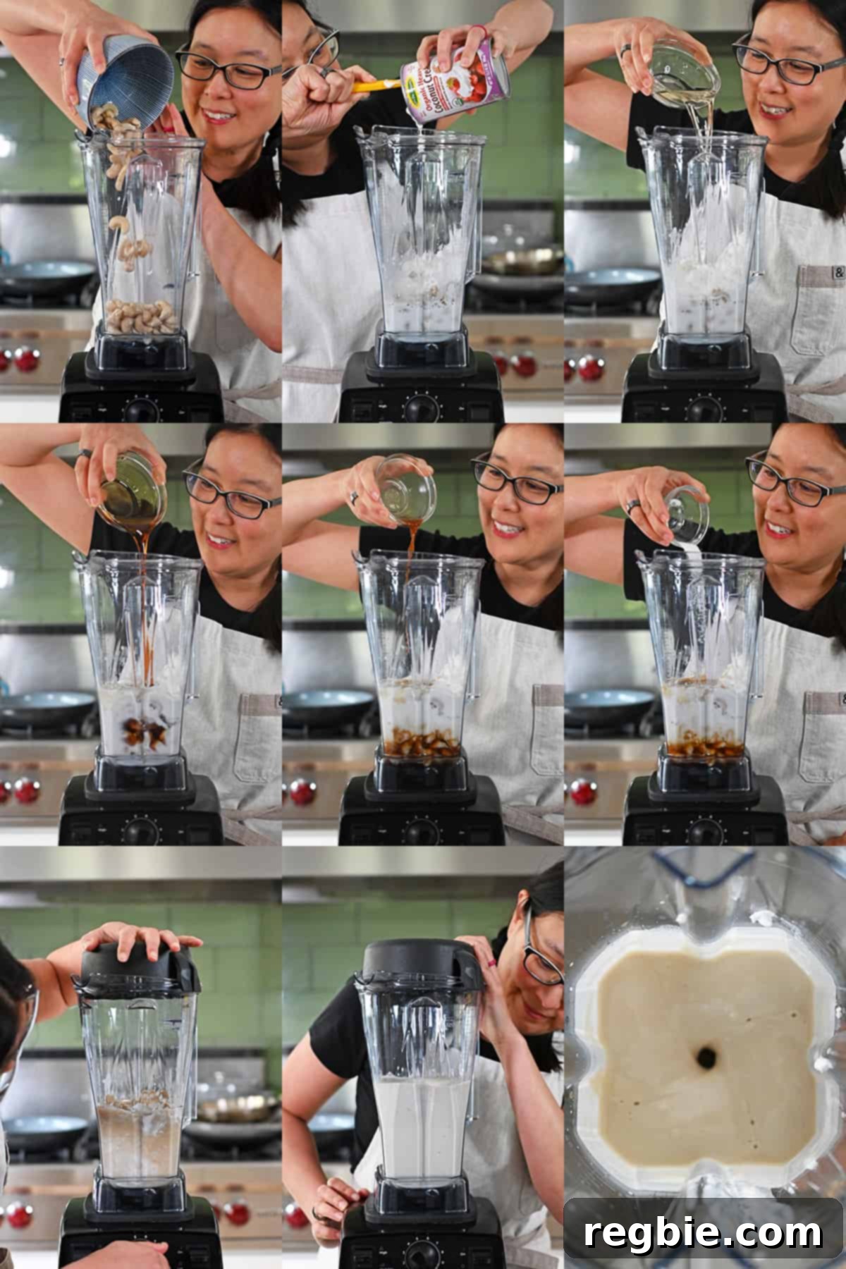 A sequence of shots showing an Asian woman blending the ingredients for the dairy-free and paleo filling of a grain-free strawberry pretzel salad, achieving a smooth consistency.