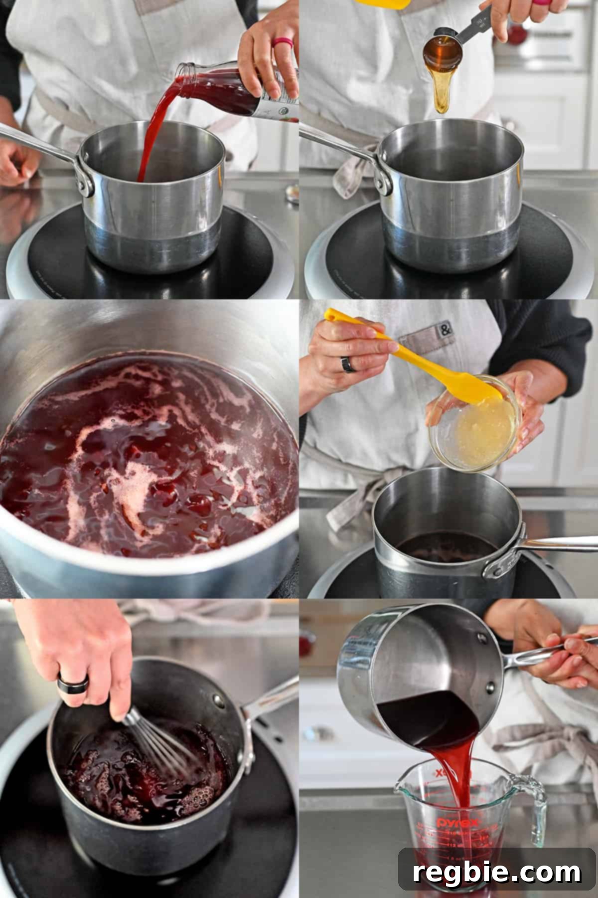 A sequence of photos showing the process of simmering strawberry juice and honey, whisking in bloomed gelatin, and then pouring the resulting red liquid into a measuring cup to cool.
