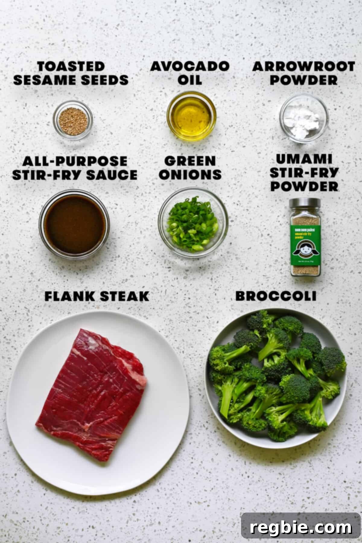 Overhead shot of all the fresh, raw ingredients laid out neatly, ready to be prepared for the paleo and gluten-free sheet pan beef and broccoli recipe.