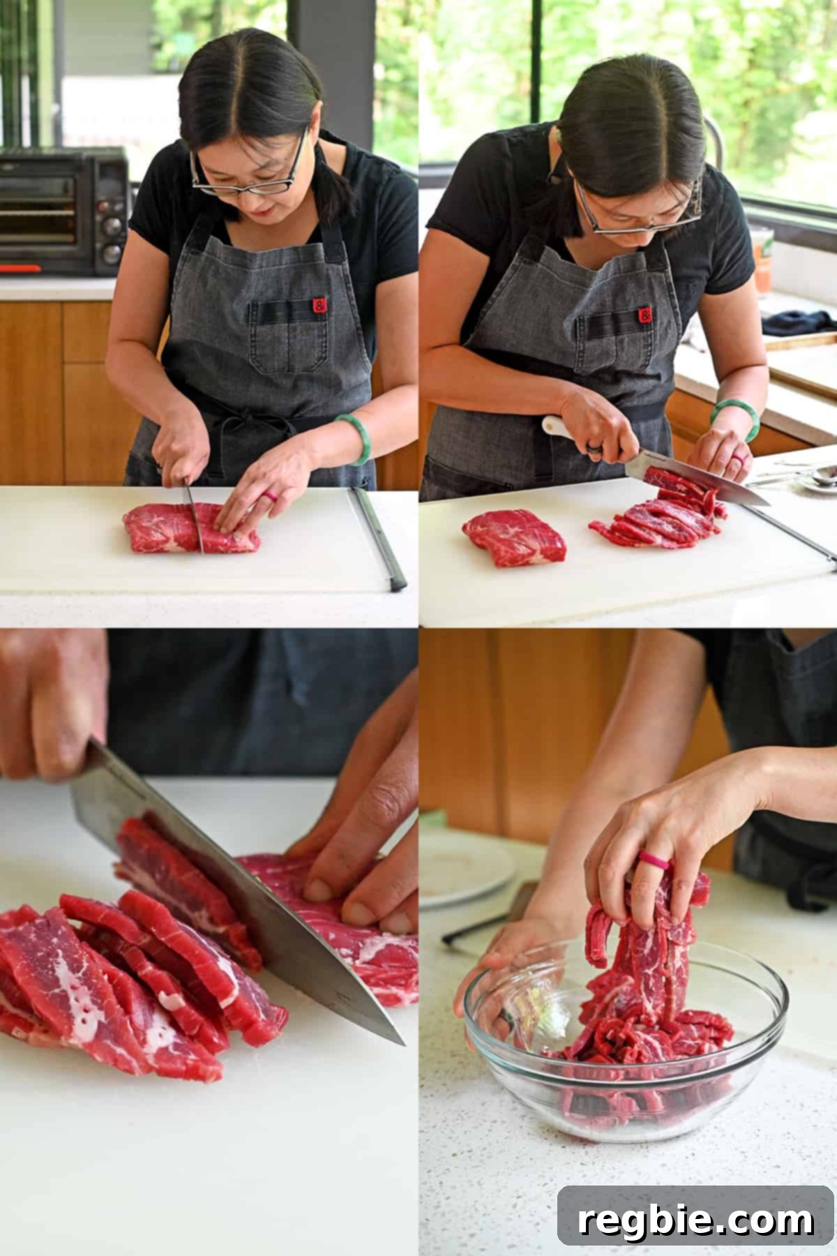 Four sequential photos demonstrating an Asian woman expertly cutting a raw flank steak: first in half along the grain, then into thin strips against the grain, and finally placing the sliced meat into a bowl.