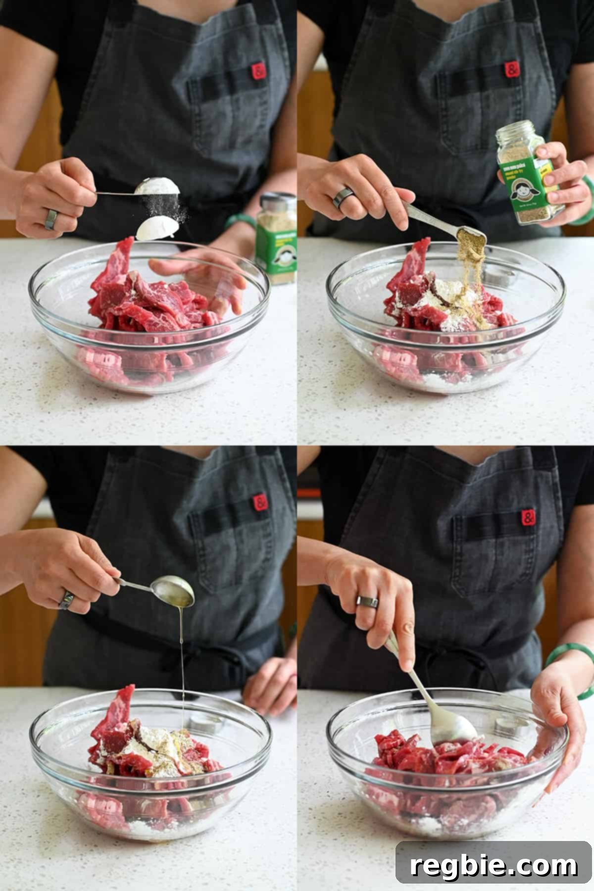 Four sequential shots illustrating the seasoning process: adding arrowroot powder, Umami Stir Fry powder, and avocado oil to a bowl of thinly sliced raw flank steak, then tossing to combine.