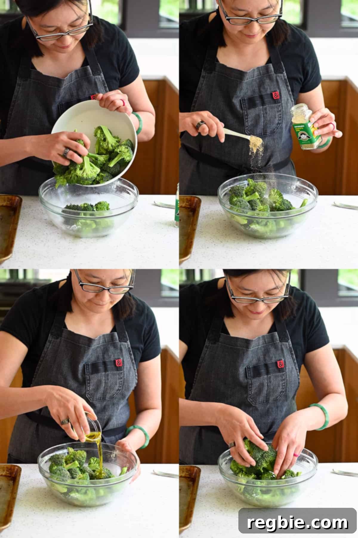 Four photos of an Asian woman tossing broccoli florets with Umami Stir Fry powder and avocado oil in a clear bowl, preparing them for the sheet pan.