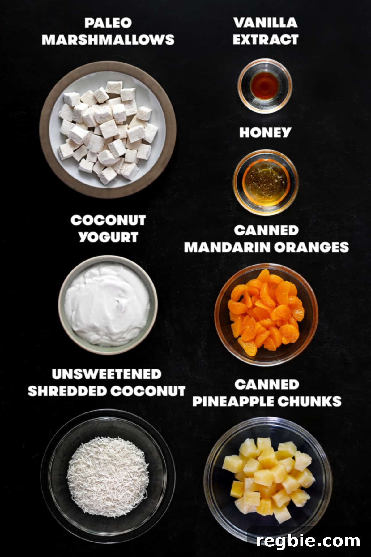An overhead shot of the raw ingredients to make paleo ambrosia salad, neatly laid out on a clean surface.