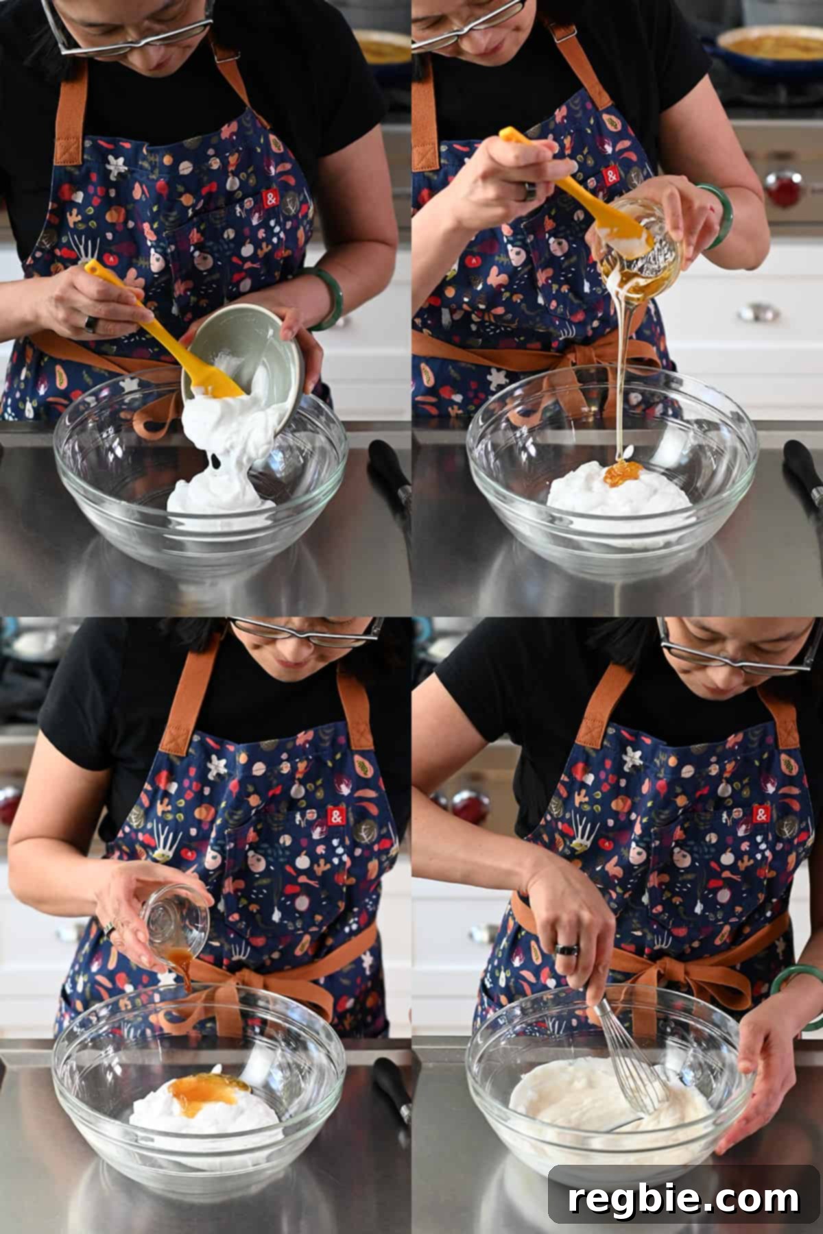 Four sequential shots showing the process of combining coconut yogurt, honey, and vanilla extract to create the creamy base for the paleo ambrosia salad.