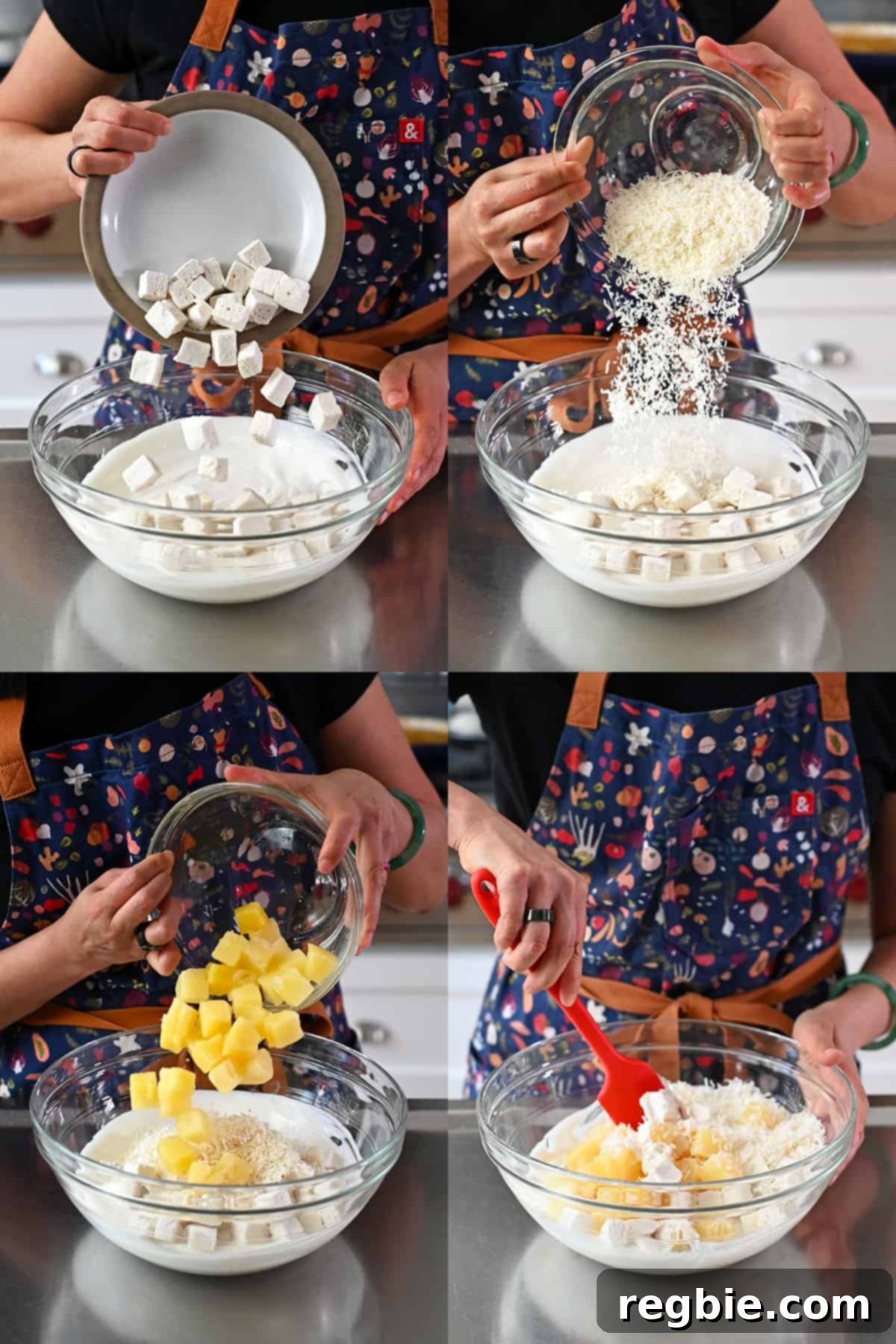 Four detailed shots illustrating the process of adding paleo marshmallows, shredded coconut, and pineapple chunks to the sweetened coconut yogurt in a large mixing bowl.