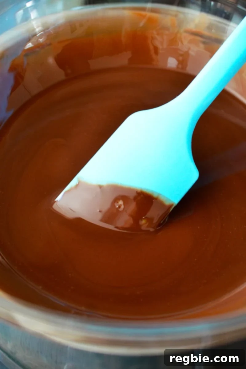 Guilt-Free Chunky Monkey Nice Cream Bonbons 12 A sleek blue silicone spatula elegantly stirs a bowl of perfectly melted chocolate, achieving a lustrous and smooth consistency for coating these delightful bon bons.