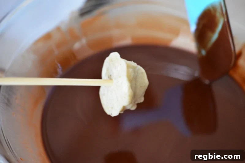 Guilt-Free Chunky Monkey Nice Cream Bonbons 13 A perfectly frozen banana nice cream scoop, held gently on a wooden skewer, is being expertly dipped into a bowl of glistening melted chocolate to create exquisite Chunky Monkey Ice Cream Bon Bons.