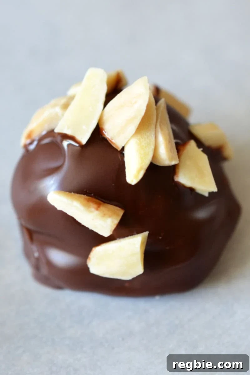 Guilt-Free Chunky Monkey Nice Cream Bonbons 3 A delectable closeup view of a single Chunky Monkey Nice Cream Bon Bon, showcasing its rich chocolate shell and nutty topping – a truly healthy paleo and vegan dessert.