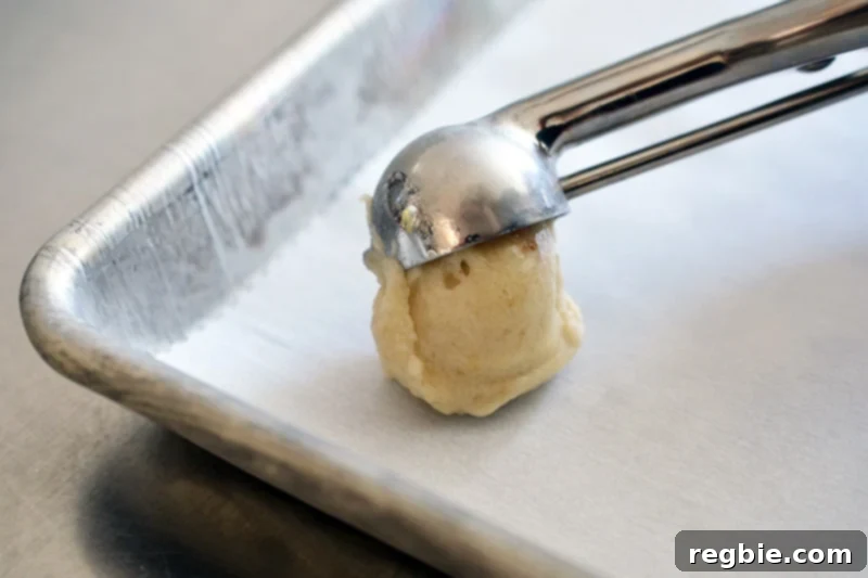 Guilt-Free Chunky Monkey Nice Cream Bonbons 8 A small disher expertly transfers perfectly shaped scoops of vegan banana nice cream onto a parchment-lined rimmed baking sheet, ready for their second freeze.