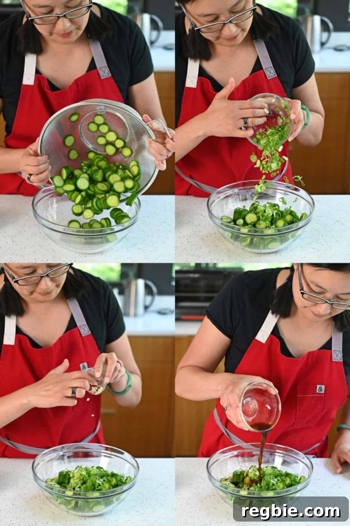 A four-panel sequence illustrating an Asian woman in a red apron adding salted sliced cucumbers, fresh sliced green onions, finely minced garlic, and rich coconut aminos to a spacious glass mixing bowl, step-by-step, for making Korean cucumber salad.