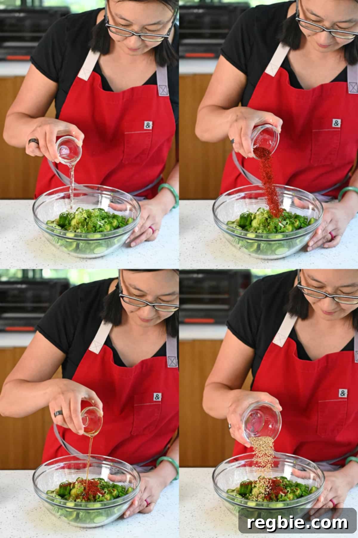 A sequence of four photographs showing an Asian woman, wearing a red apron, meticulously adding rice vinegar, gochugaru (Korean chili flakes), sesame oil, and toasted sesame seeds to a bowl of sliced cucumbers, illustrating the dressing preparation.