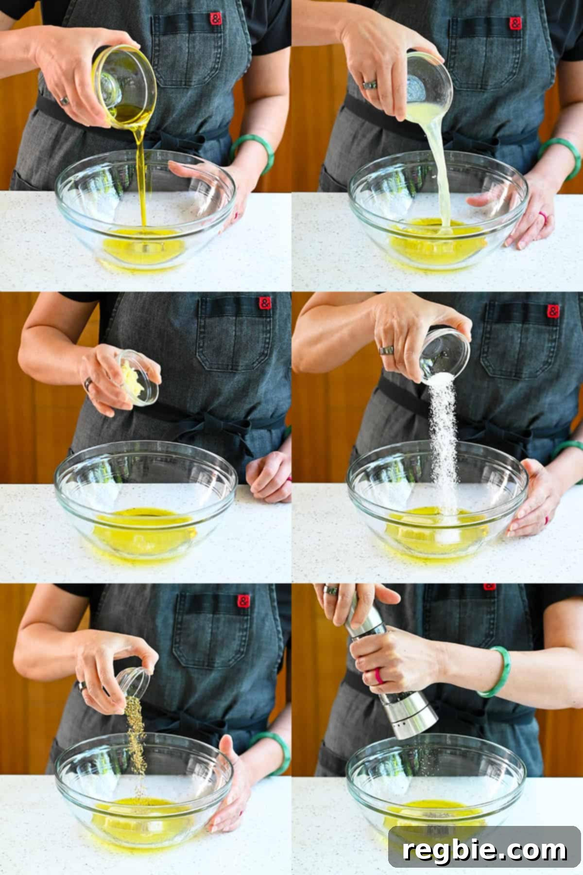 Zesty Mediterranean Sheet Pan Chicken 6 A series of six detailed photos illustrating the sequential addition of marinade ingredients – olive oil, lemon juice, garlic, salt, oregano, and pepper – into a clear glass bowl, preparing for the whisking process.