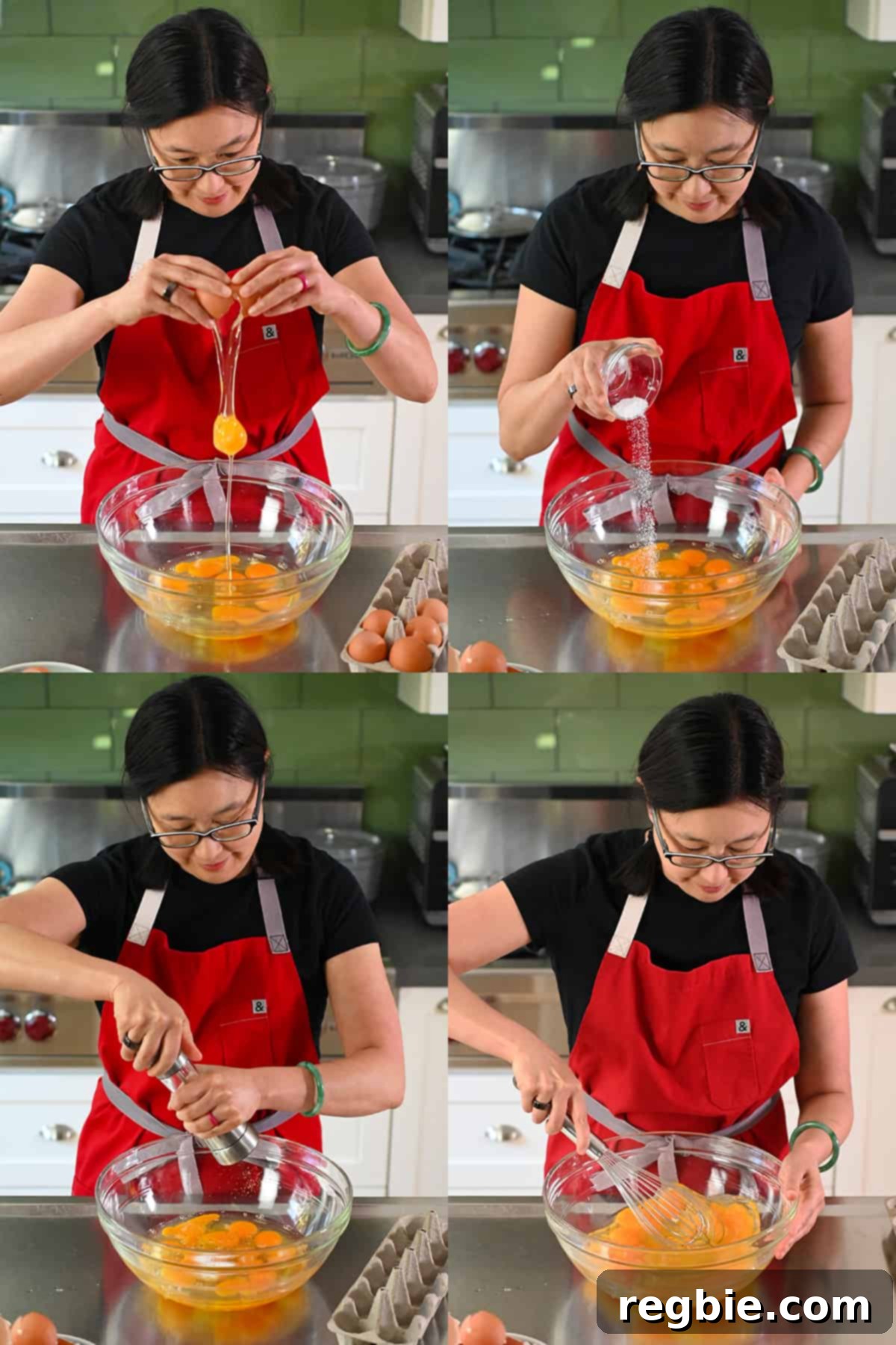 Crispy Potato Chip Tortilla 6 Four sequential shots of an Asian woman in glasses adding raw eggs, salt, and pepper to a large bowl and then whisking them together.