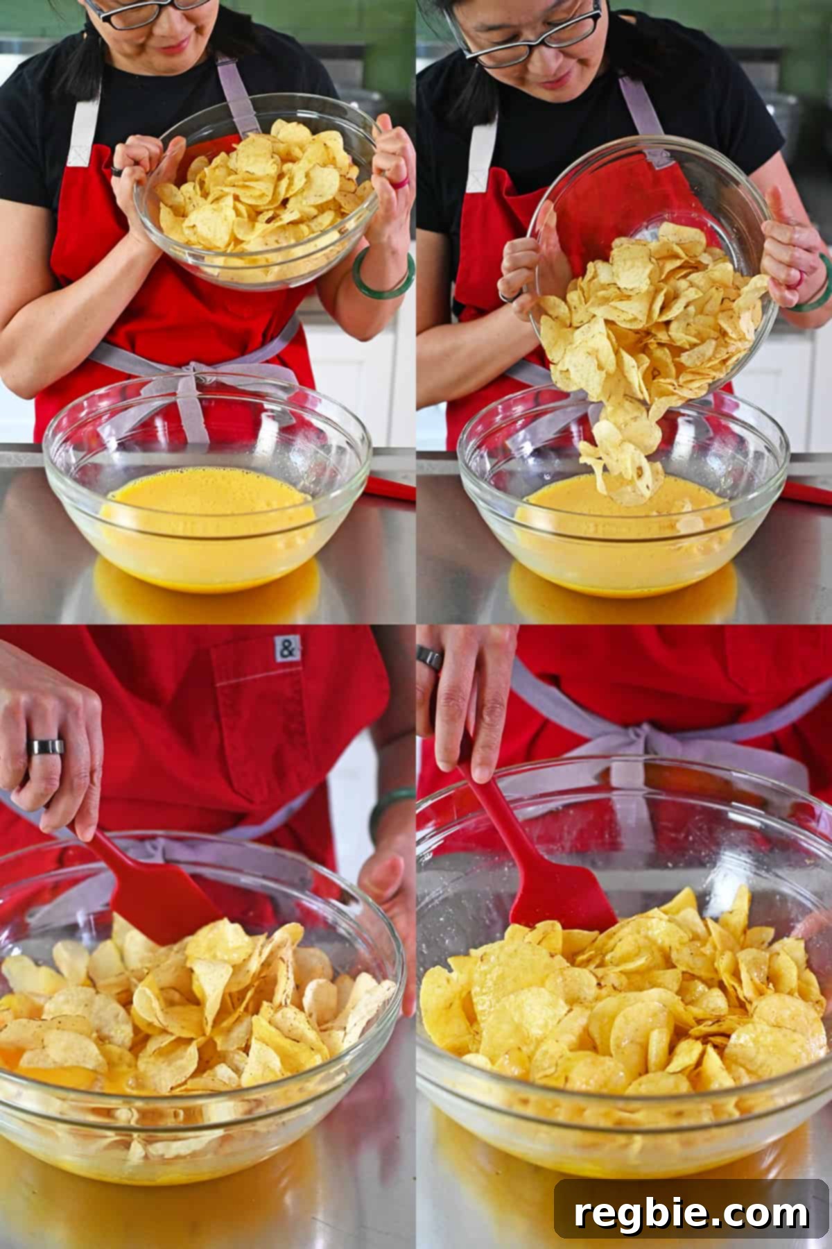 Crispy Potato Chip Tortilla 8 Four sequential shots of an Asian woman in glasses and a red apron pouring potato chips into a large glass mixing bowl filled with whisked raw eggs.