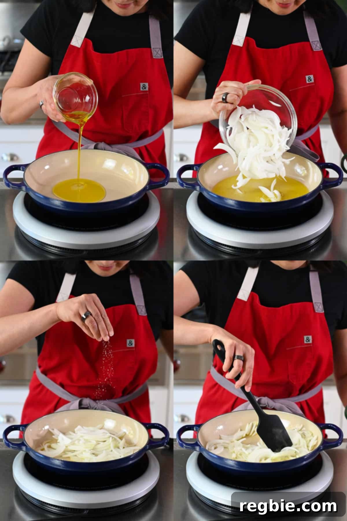 Crispy Potato Chip Tortilla 9 Four sequential shots of a woman in a red apron adding olive oil to a frying pan, then adding sliced onions and a pinch of salt.