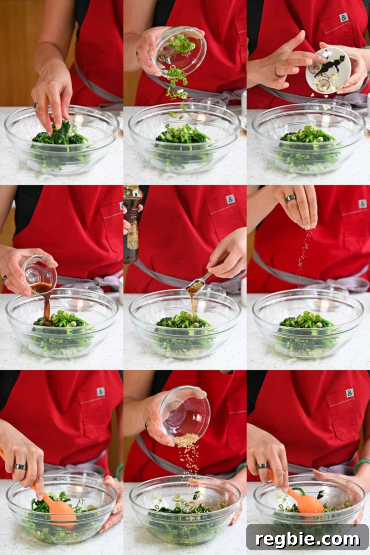 A dynamic sequence of nine process shots illustrating the step-by-step addition of ingredients into a glass bowl and their subsequent mixing to create the Korean spinach side dish.