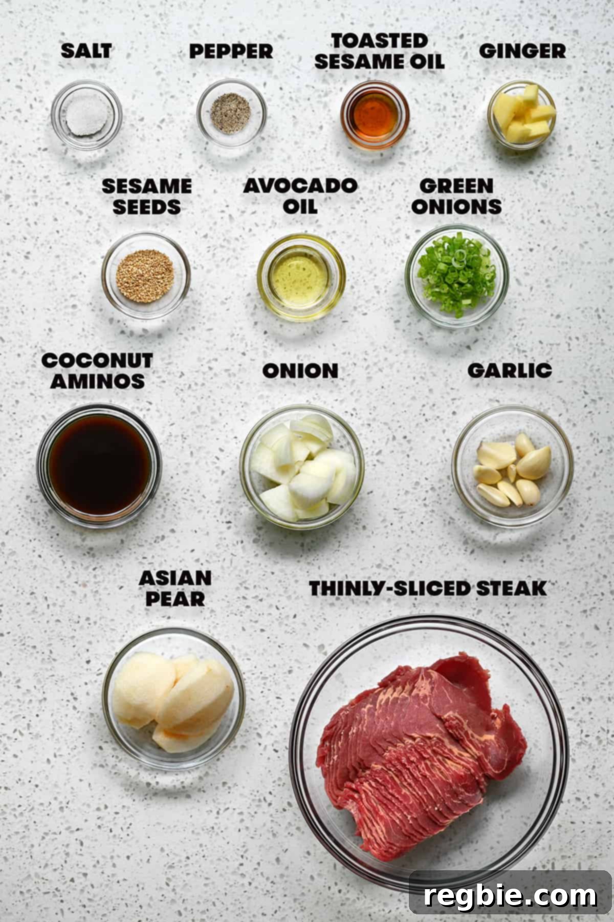 An overhead shot of the raw ingredients to make a paleo and Whole30 bulgogi recipe.