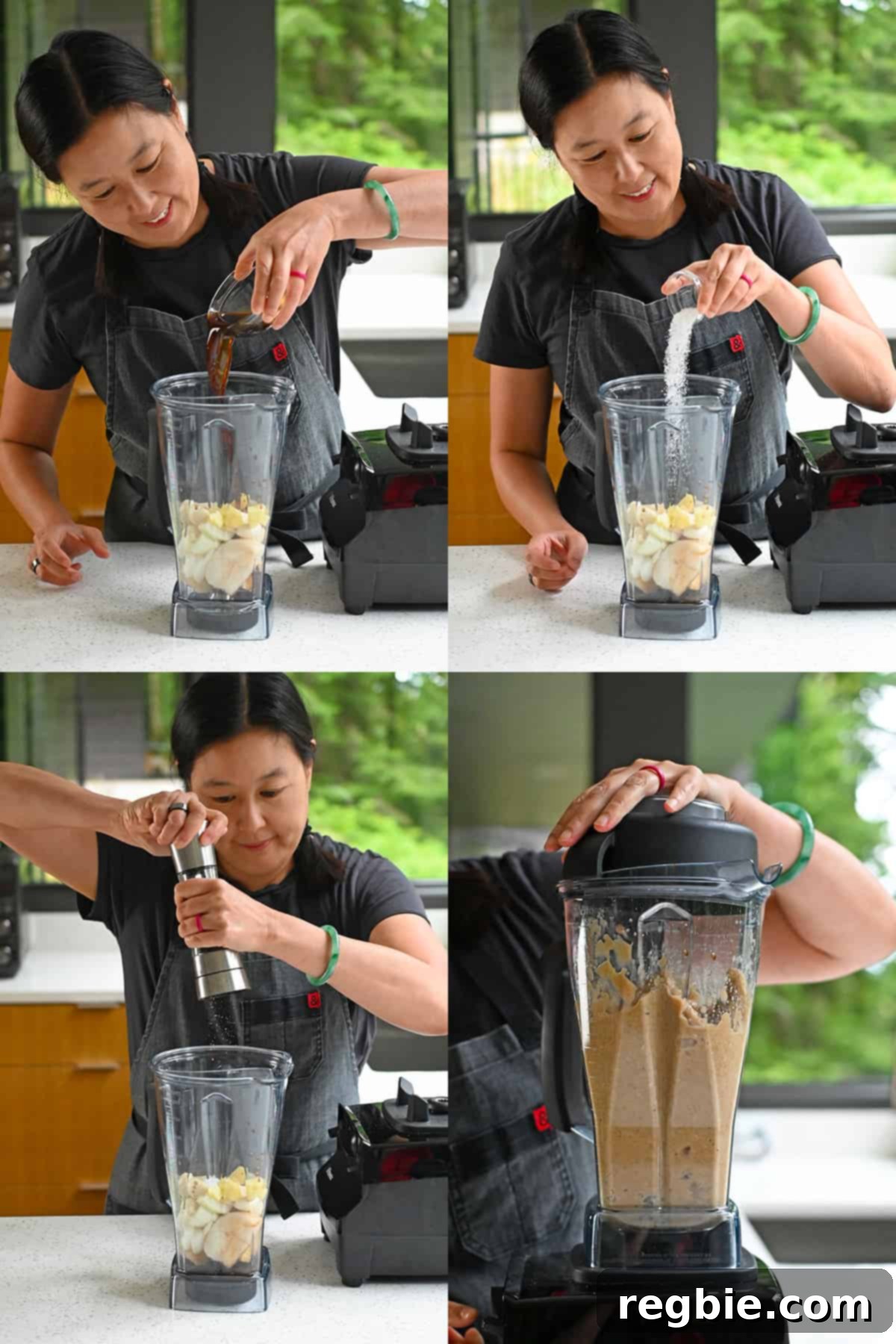 Four sequential photos of an Asian woman adding coconut aminos, salt, and pepper to a Vitamix blender and blending everything together to make paleo bulgogi sauce.