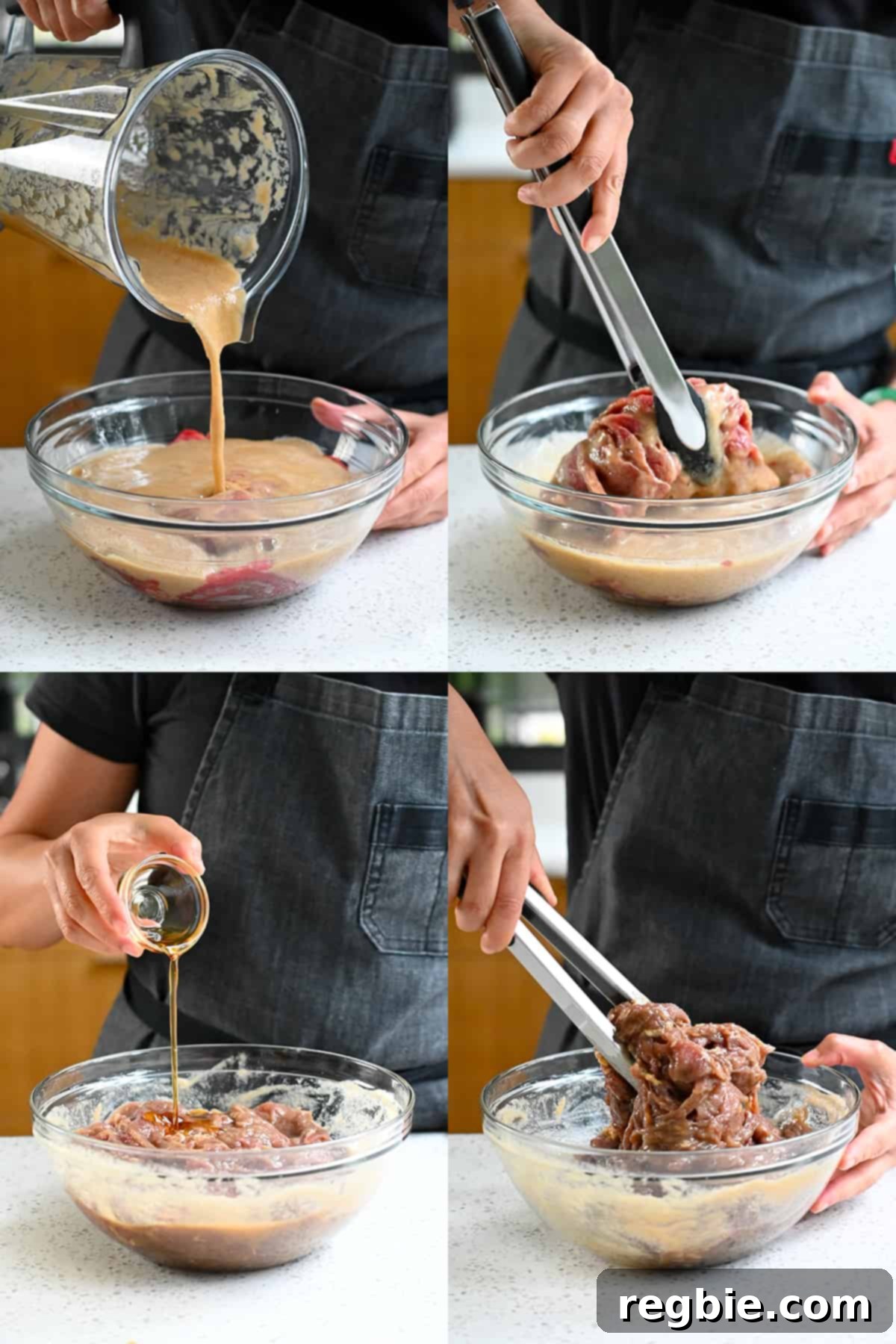 Four sequential shots that show a someone adding bulgogi sauce and toasted sesame oil to a bowl of thinly sliced raw steak and tossing everything together with tongs.