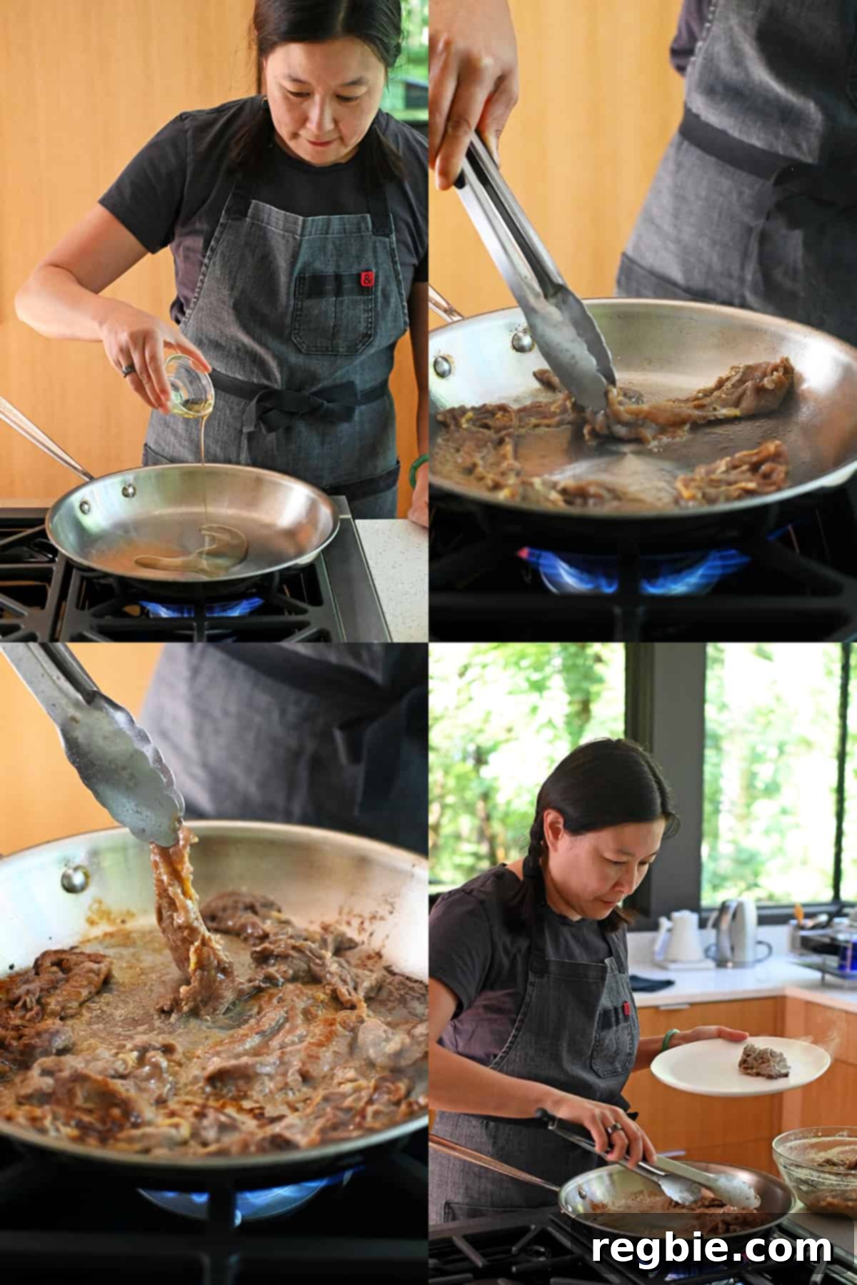 Four sequential photos of an Asian woman adding oil to a skillet and cooking paleo bulgogi in it in batches.