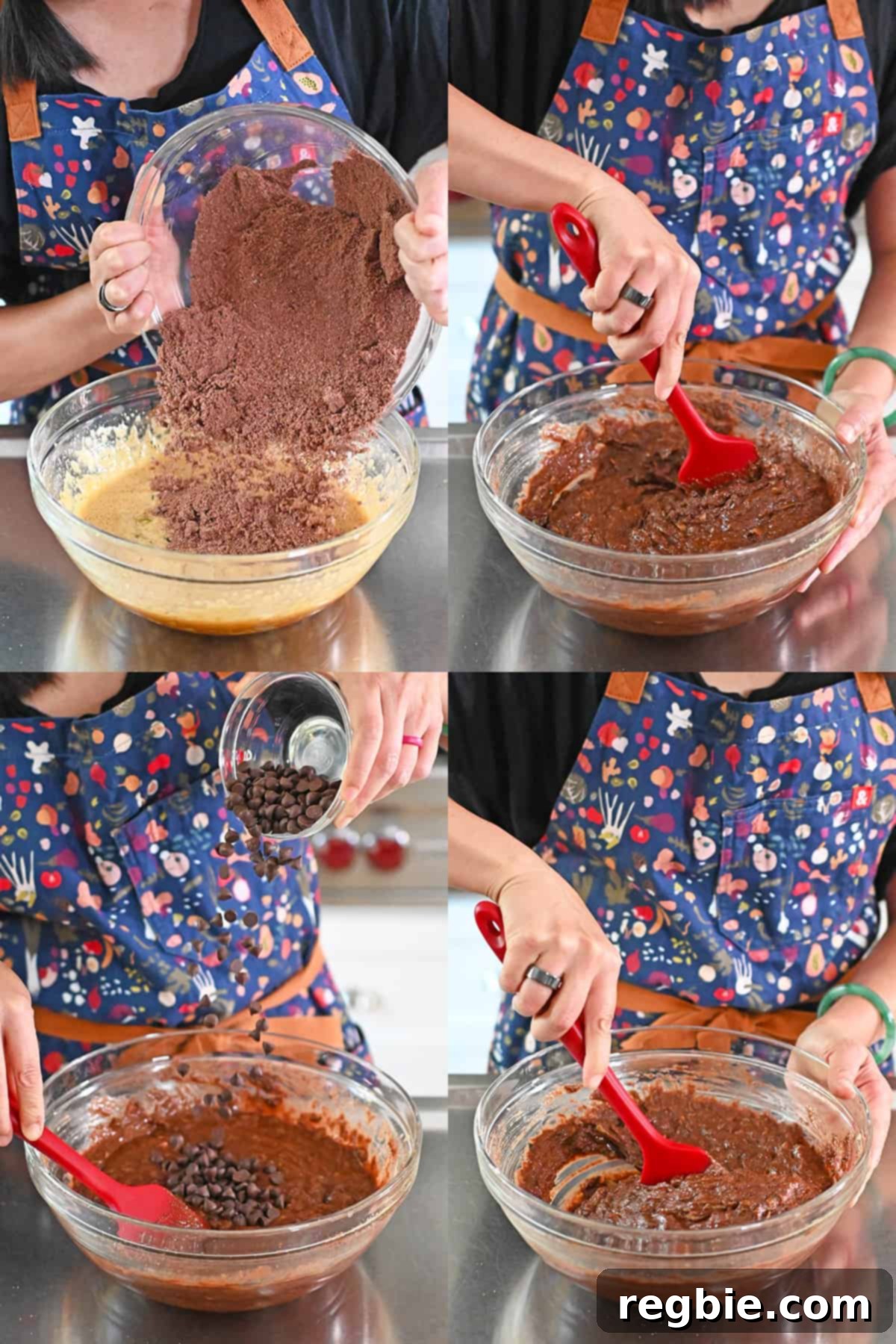 Four sequential photos showing the addition of dry ingredients to wet, mixing with a spatula, adding chocolate chips, and finally mixing them all together for the muffin batter.