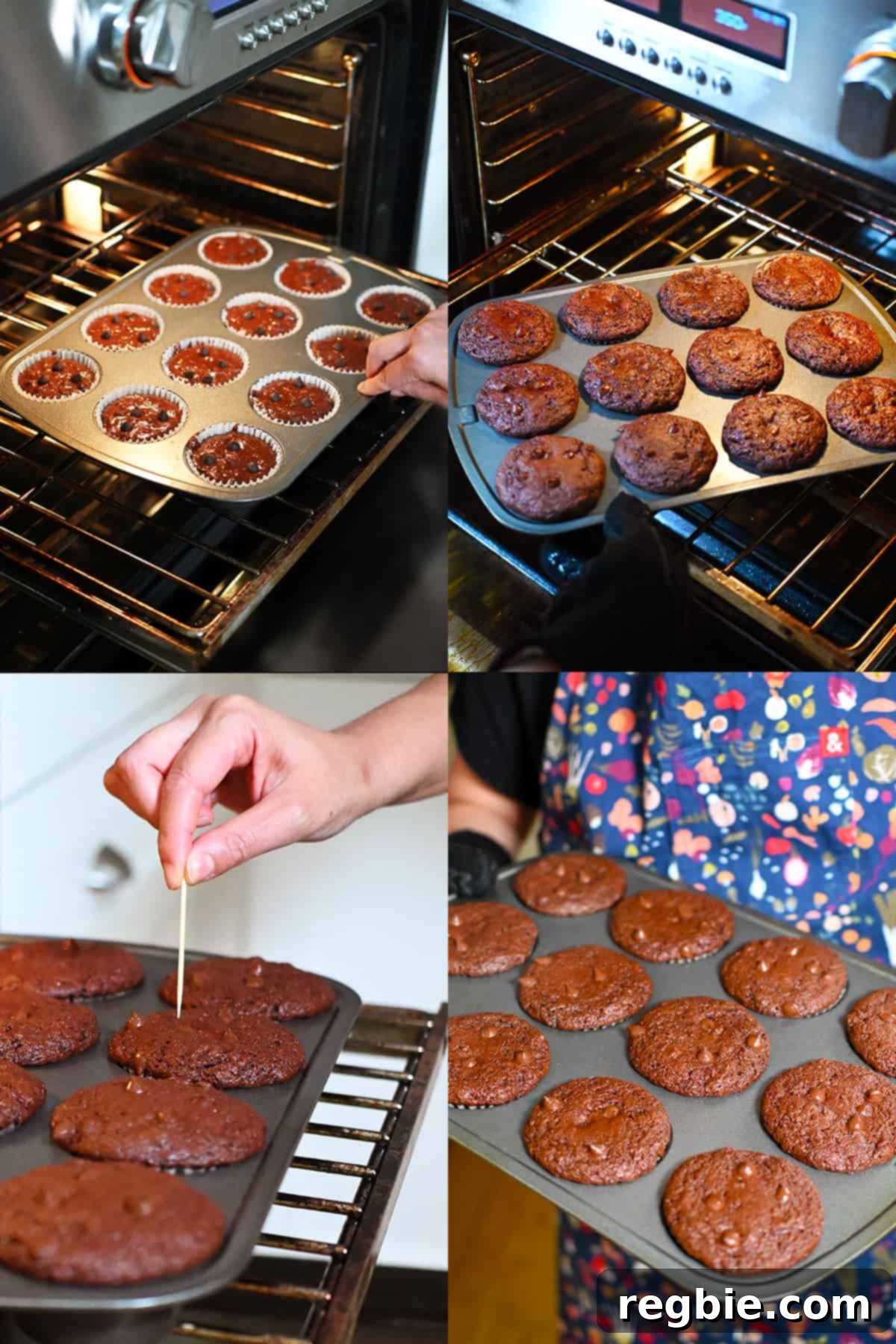 Four sequential photos showing paleo chocolate zucchini muffins baking in the oven, rising beautifully.