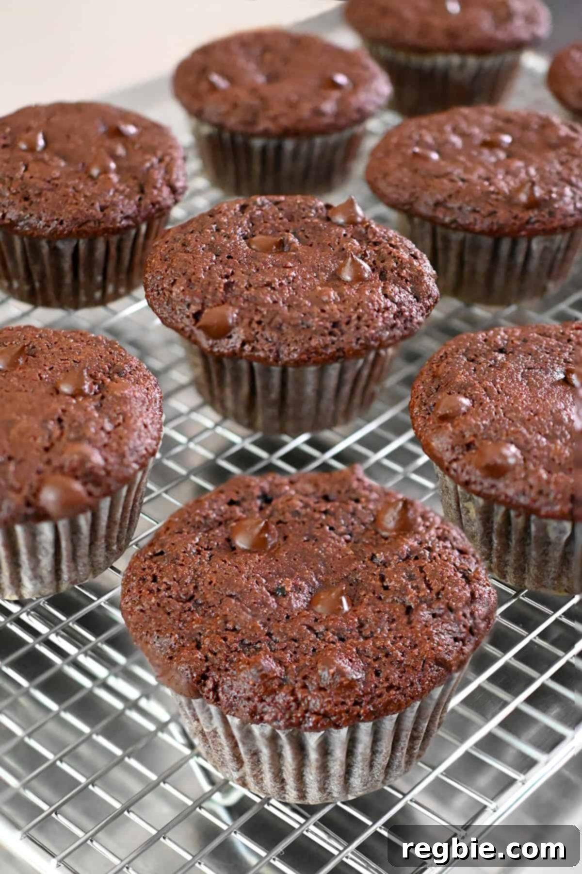 Paleo chocolate zucchini muffins on a cooling rack, perfectly baked and ready for storage or serving.