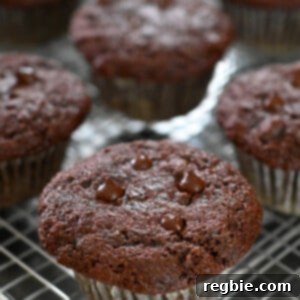 A closeup of paleo chocolate zucchini muffins on a wire cooling rack, highlighting their rich texture and appeal.