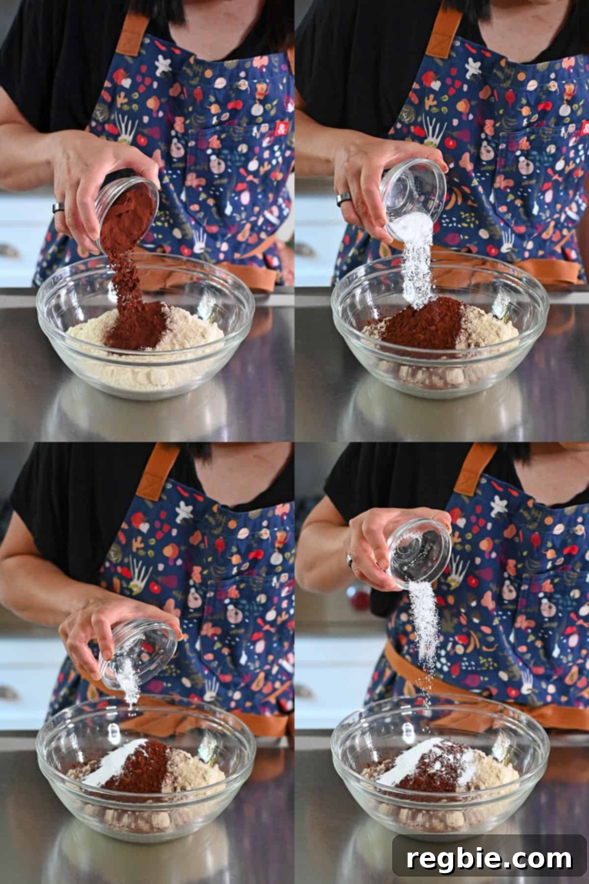 Four sequential shots of someone adding cocoa powder, baking soda, cream of tartar, and salt to a bowl of almond flour, followed by whisking.