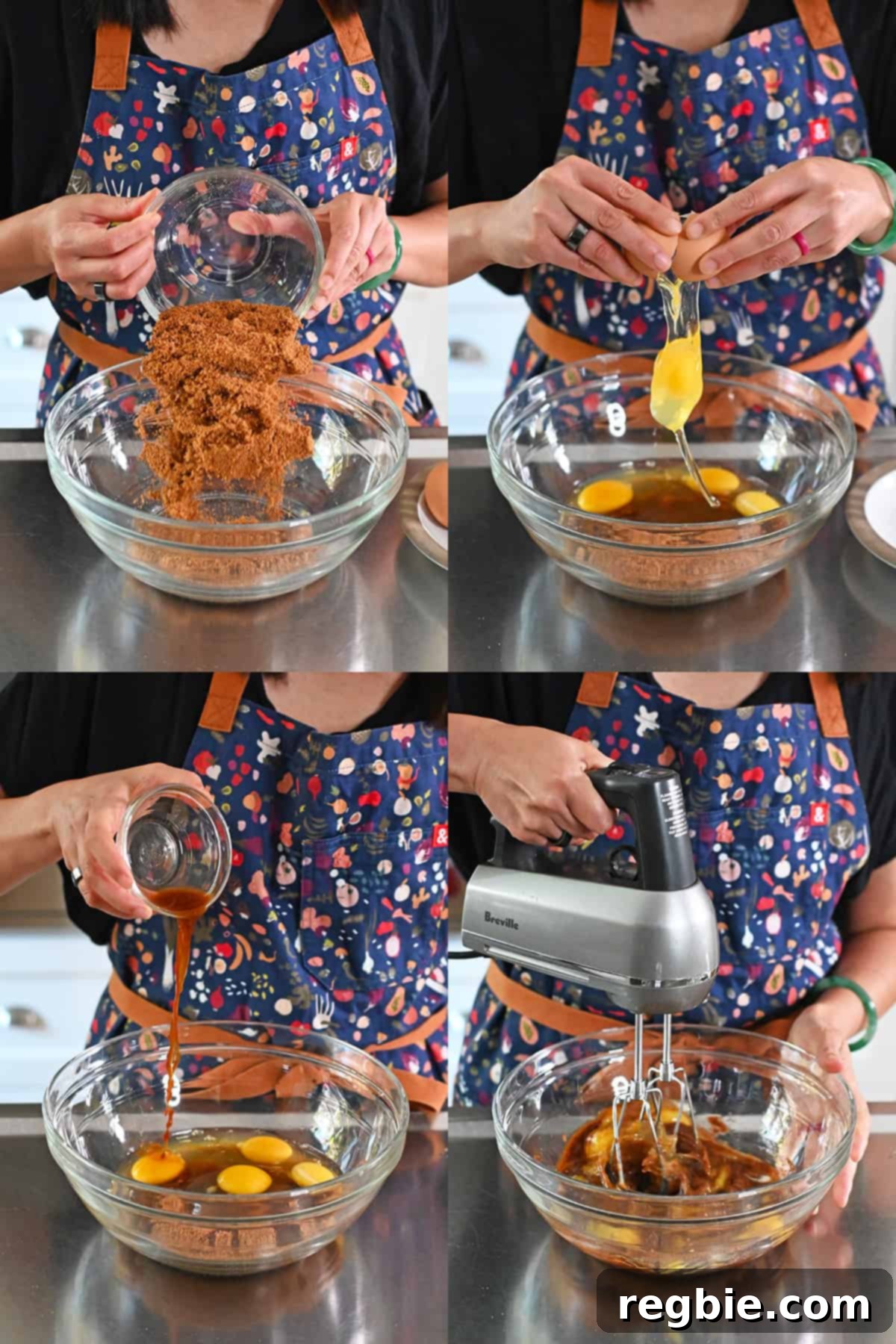 Four sequential shots that show someone adding coconut sugar, raw eggs, and vanilla extract to a bowl and mixing it with a hand mixer until light and frothy.