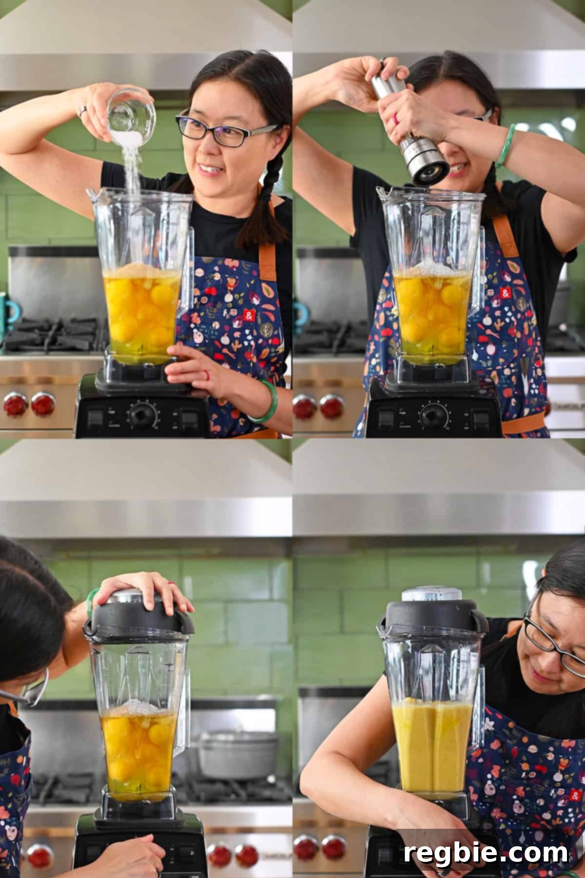 A smiling Asian woman is adding salt and pepper to an open Vitamix filled with raw eggs before blending everything on low speed.