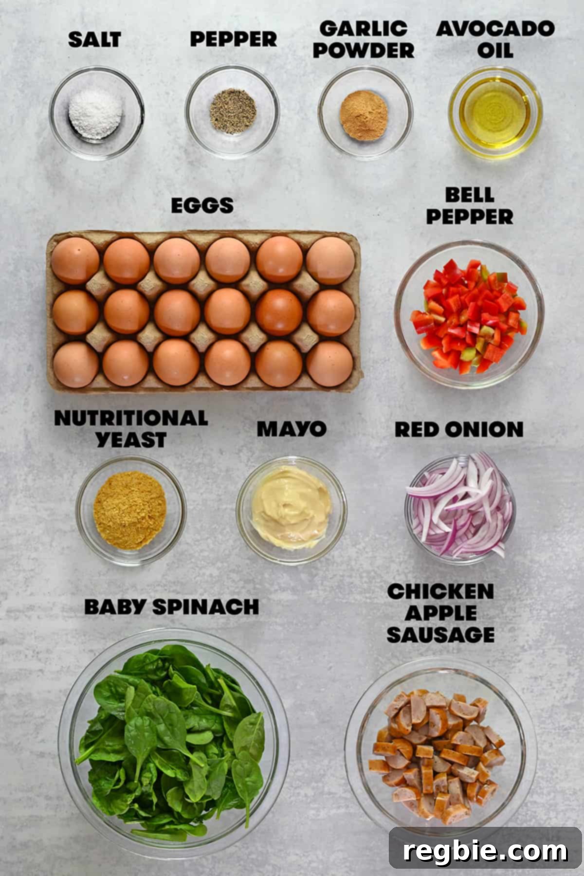 The raw ingredients measured out to make paleo and Whole30 sheet pan eggs.