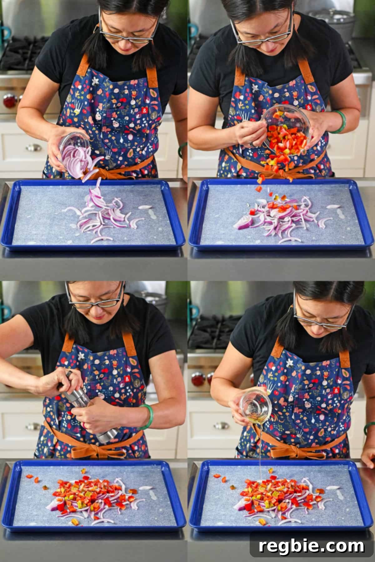 Four sequential shots of an Asian woman placing thinly sliced red onions and diced bell peppers on a parchment lined rimmed baking sheet and seasoning them with salt, pepper, and oil.