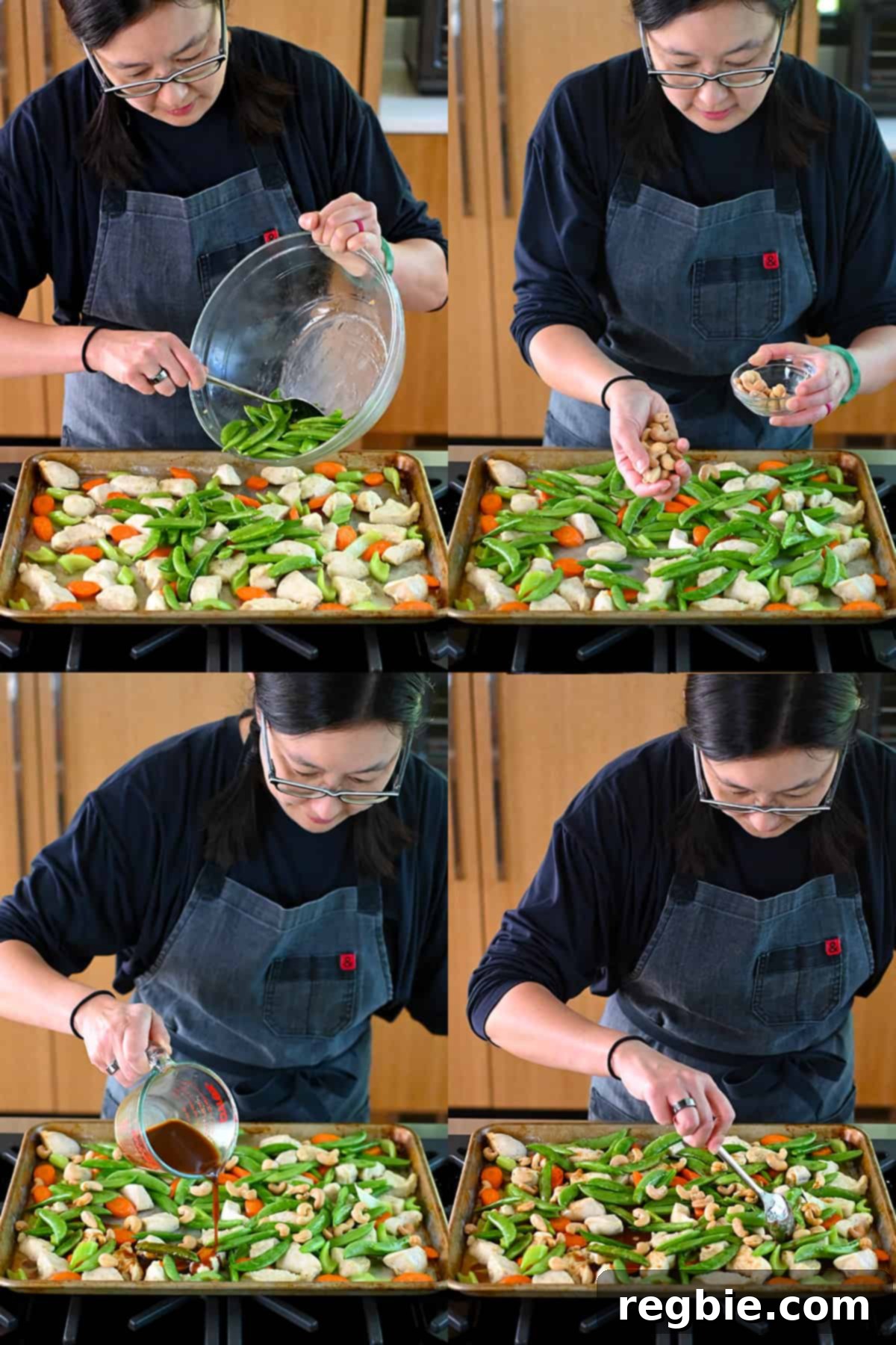 Sheet Pan Cashew Chicken: Paleo & Whole30 Perfection 14 A sequence of four images showing an Asian woman adding raw sugar snap peas, roasted cashews, and All-Purpose Stir-Fry sauce to a sheet pan with cooked chicken, celery, and carrots, then evenly spreading them.